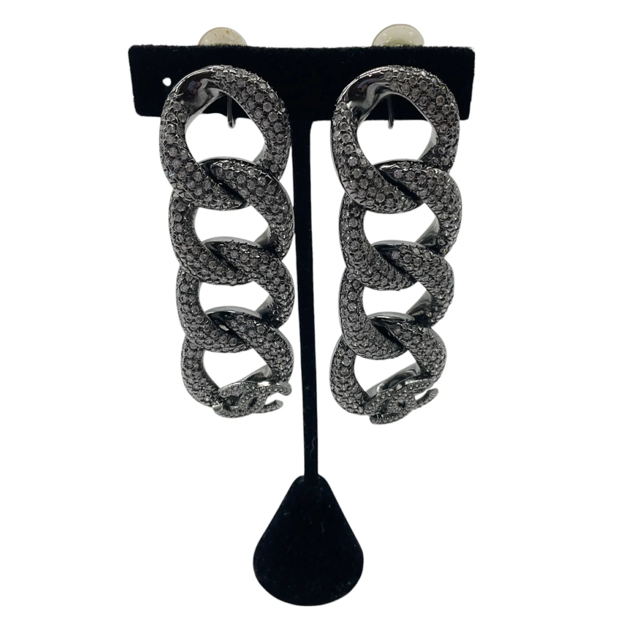 Chanel 2022 Ruthenium Crystal Embellished Interlocking CC Logo Clip On Drop Earrings