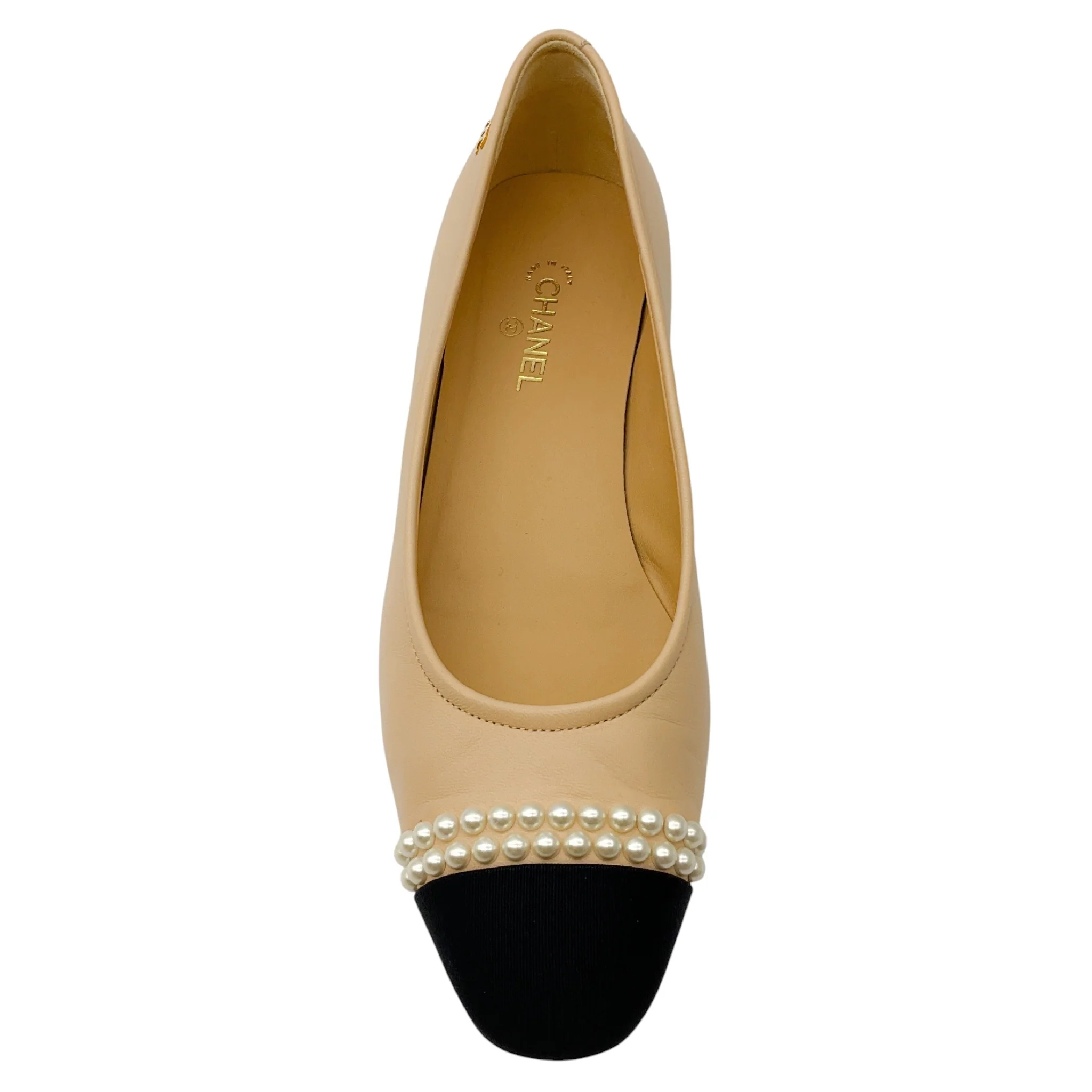 Chanel Beige / Black 2020 Pearl Embellished Grosgrain Cap Toe Lambskin Leather Ballerina Flats - Image 4