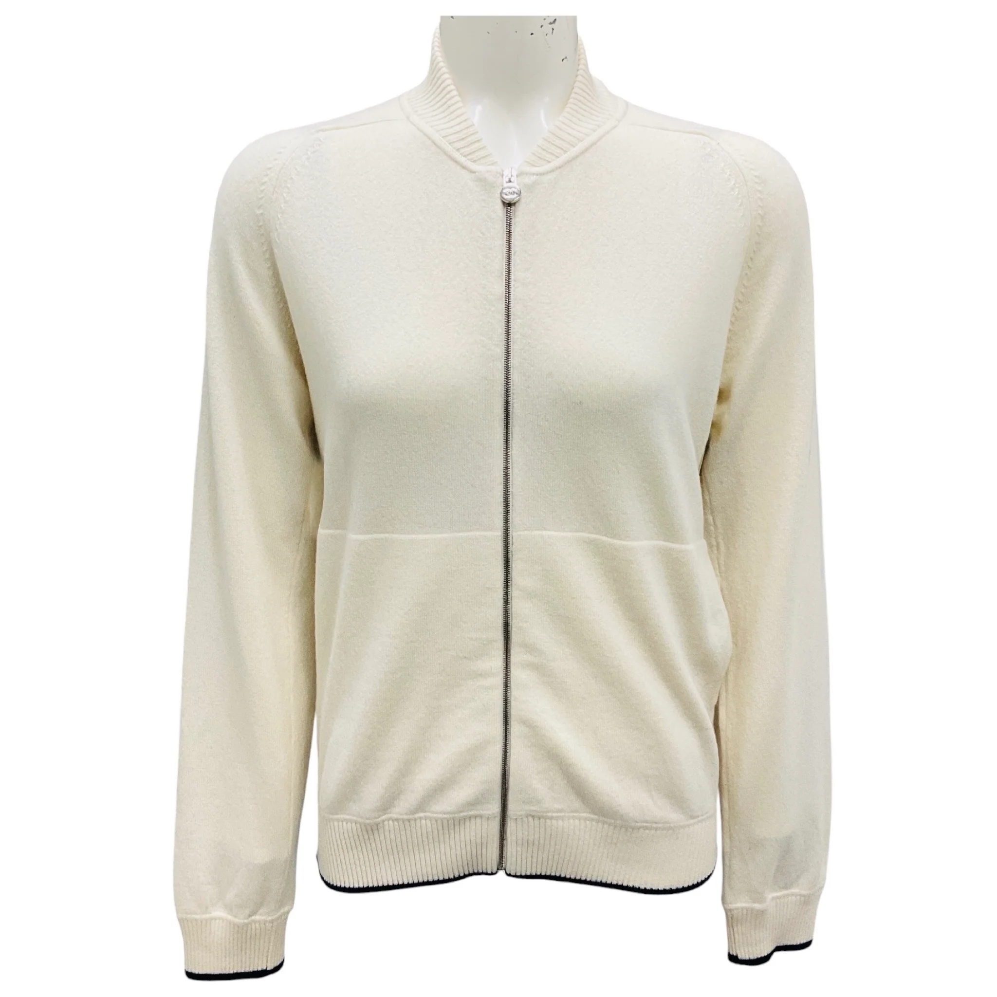 Chanel Ecru Zip Up Cashmere Knit Cardigan with Lion Head and CC Logo Embroidery