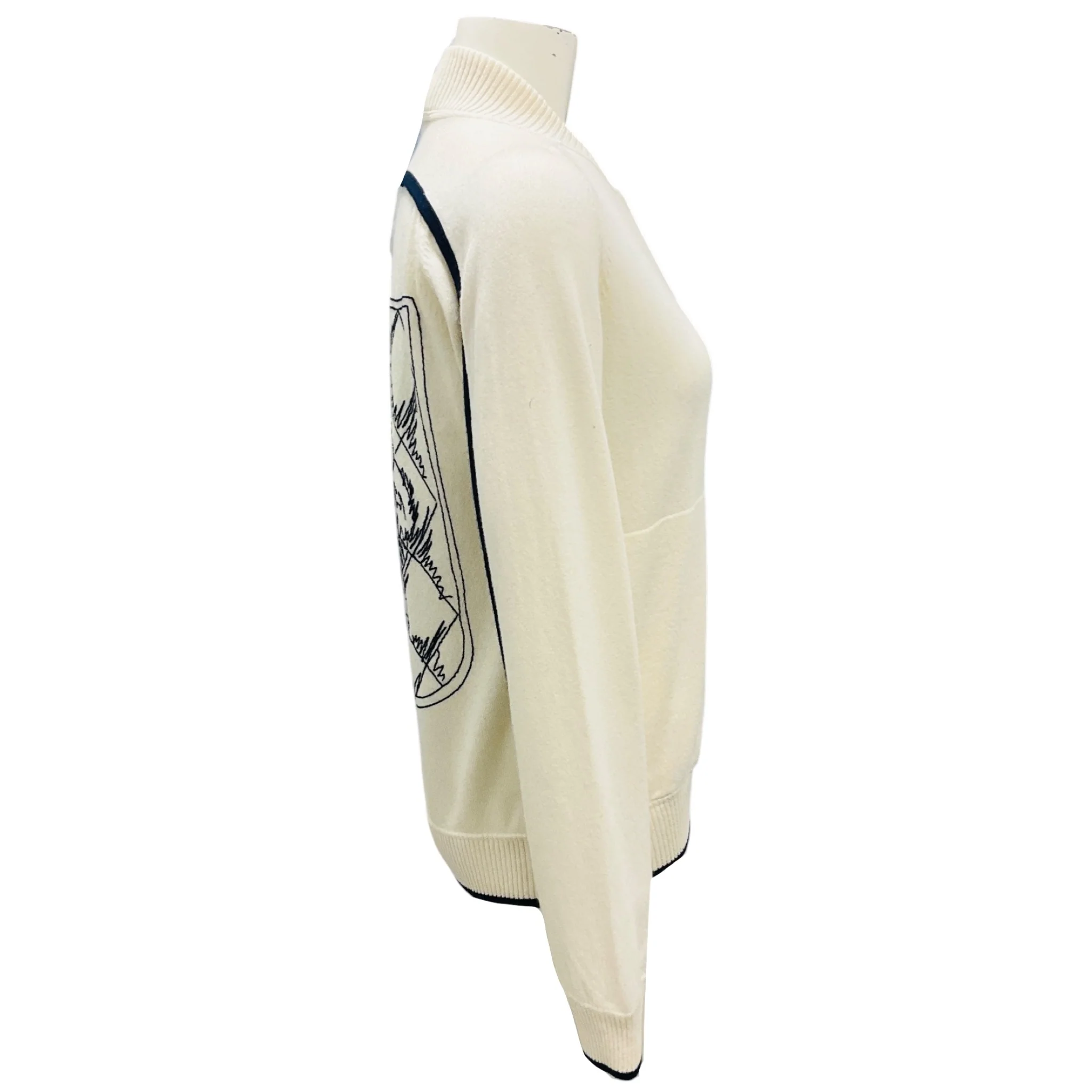 Chanel Ecru Zip Up Cashmere Knit Cardigan with Lion Head and CC Logo Embroidery - Image 2