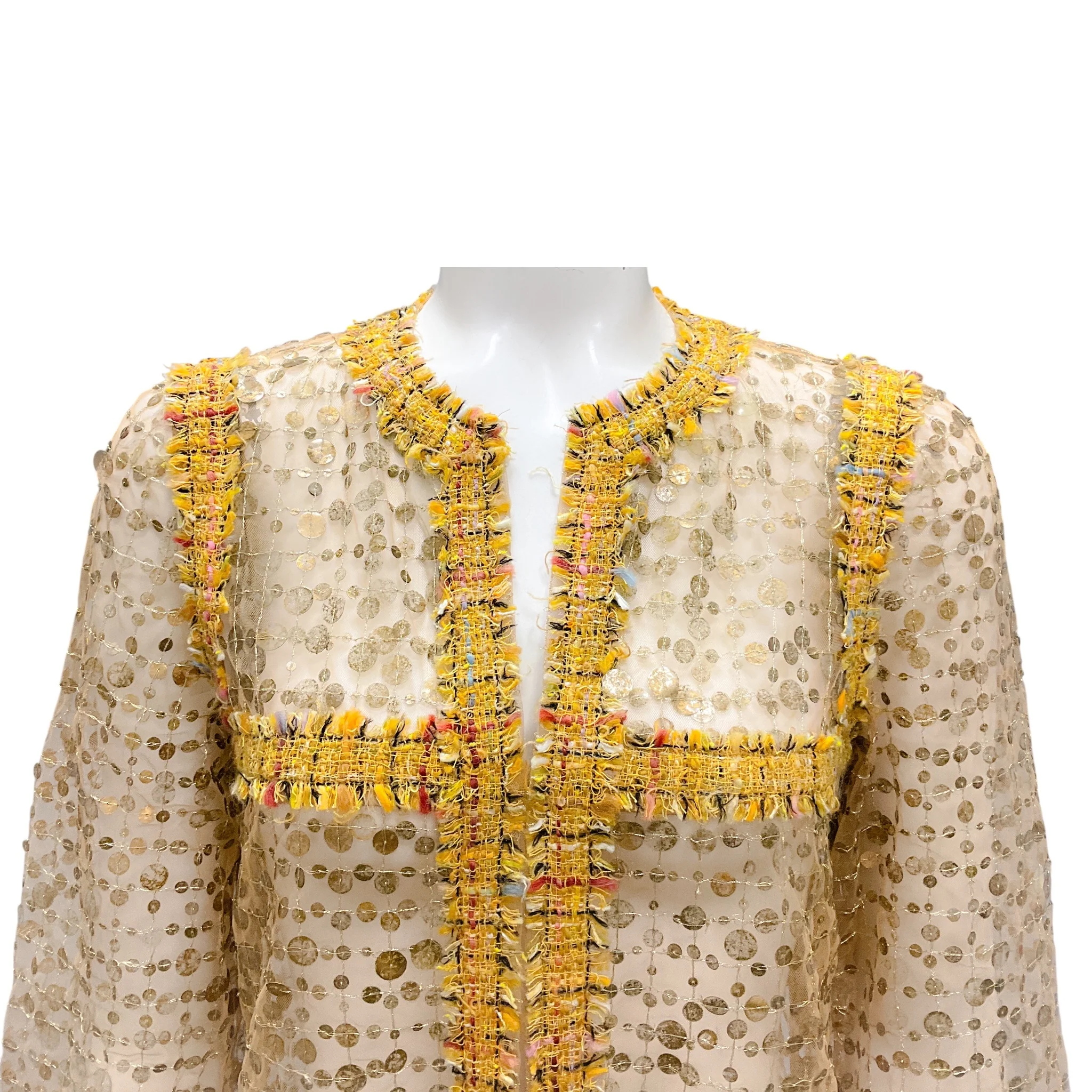 Chanel Gold Multi Tweed Trimmed Sequined Sheer Jacket - Image 6
