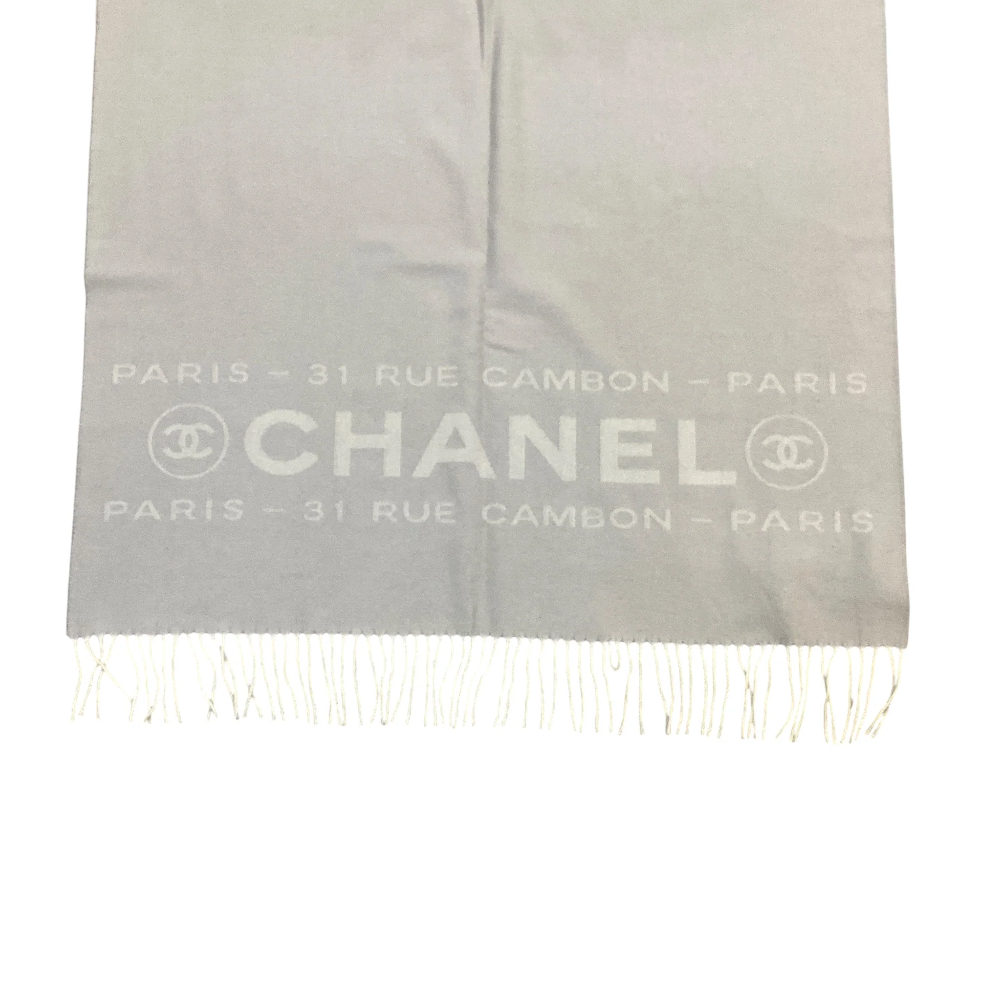 Chanel Grey / Ivory 31 Rue Cambon Paris Fringed Large Cashmere Scarf - Image 6