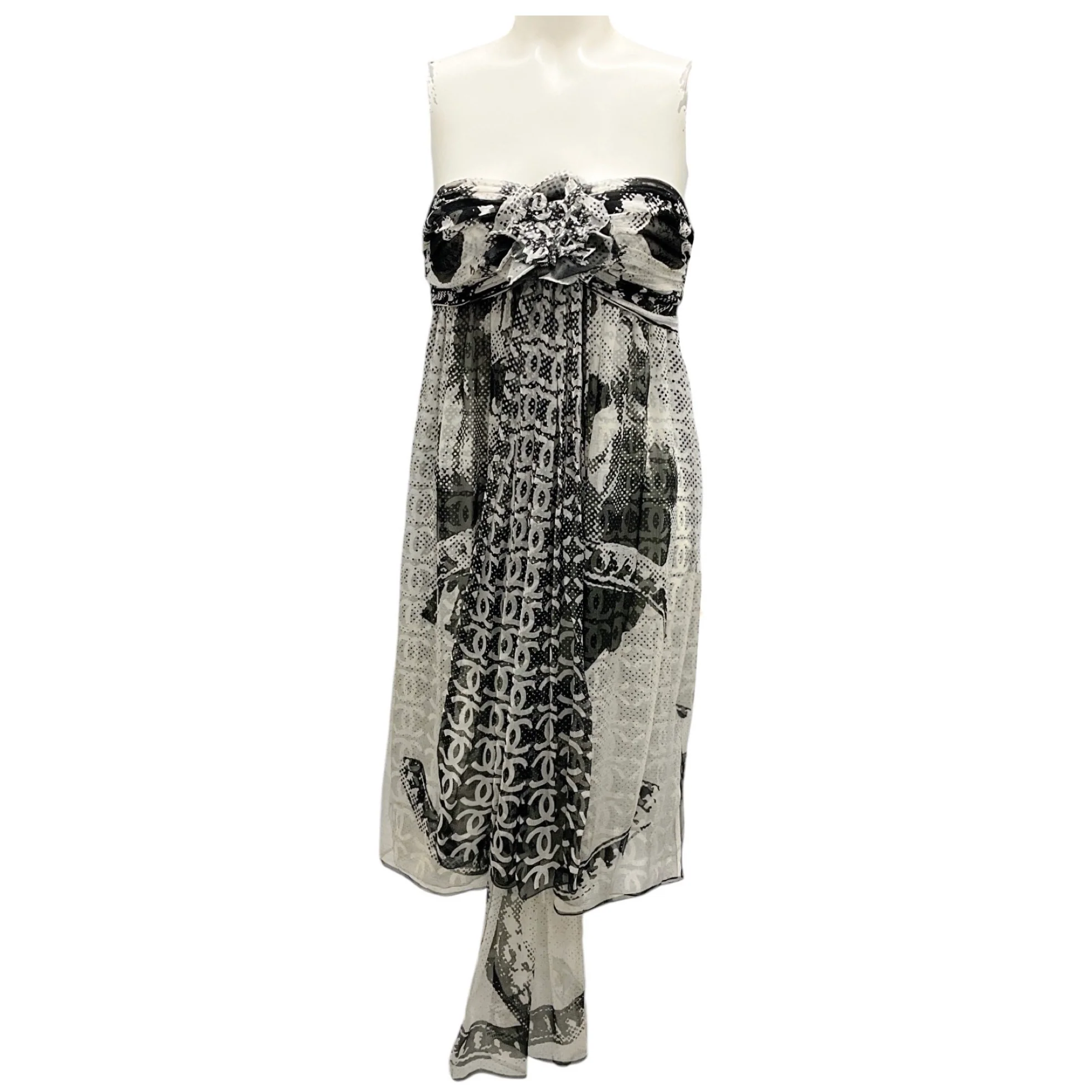 Chanel Ivory / Black 2010 Camellia CC Logo Print Strapless Silk Chiffon Dress