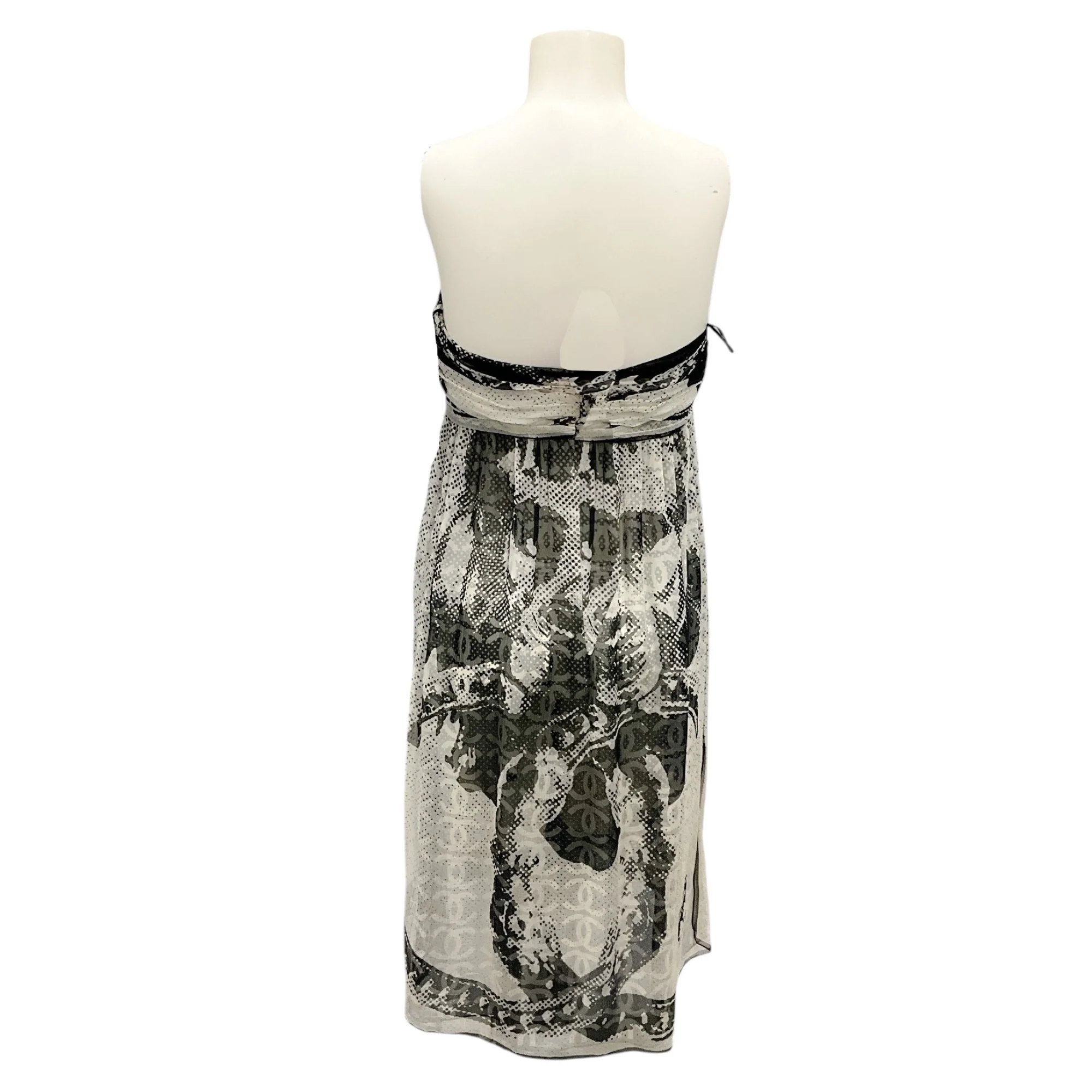 Chanel Ivory / Black 2010 Camellia CC Logo Print Strapless Silk Chiffon Dress - Image 3