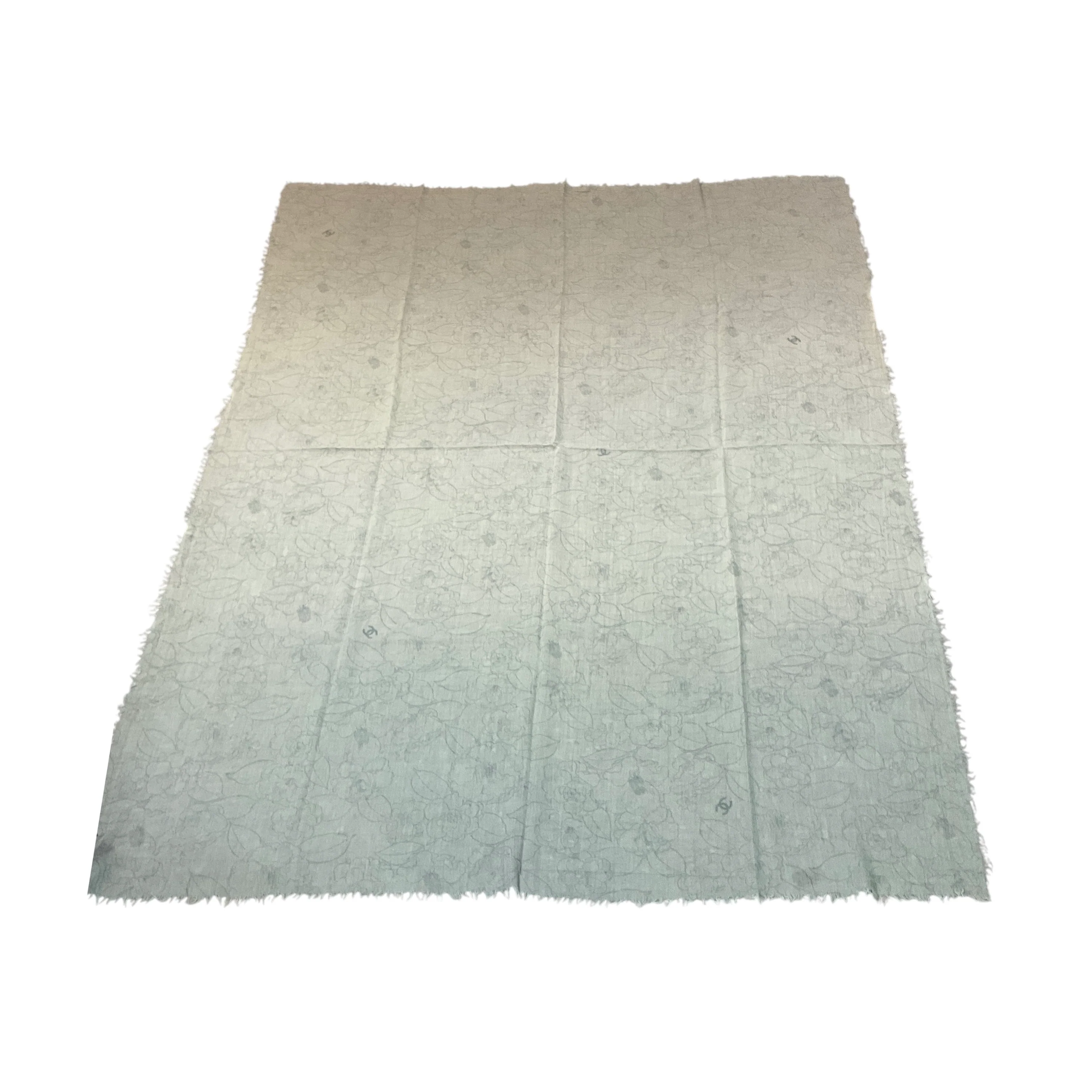 Chanel Light Green Ombre Effect CC Logo and Camellia Print Fringed Sheer Cashmere Scarf - Image 8