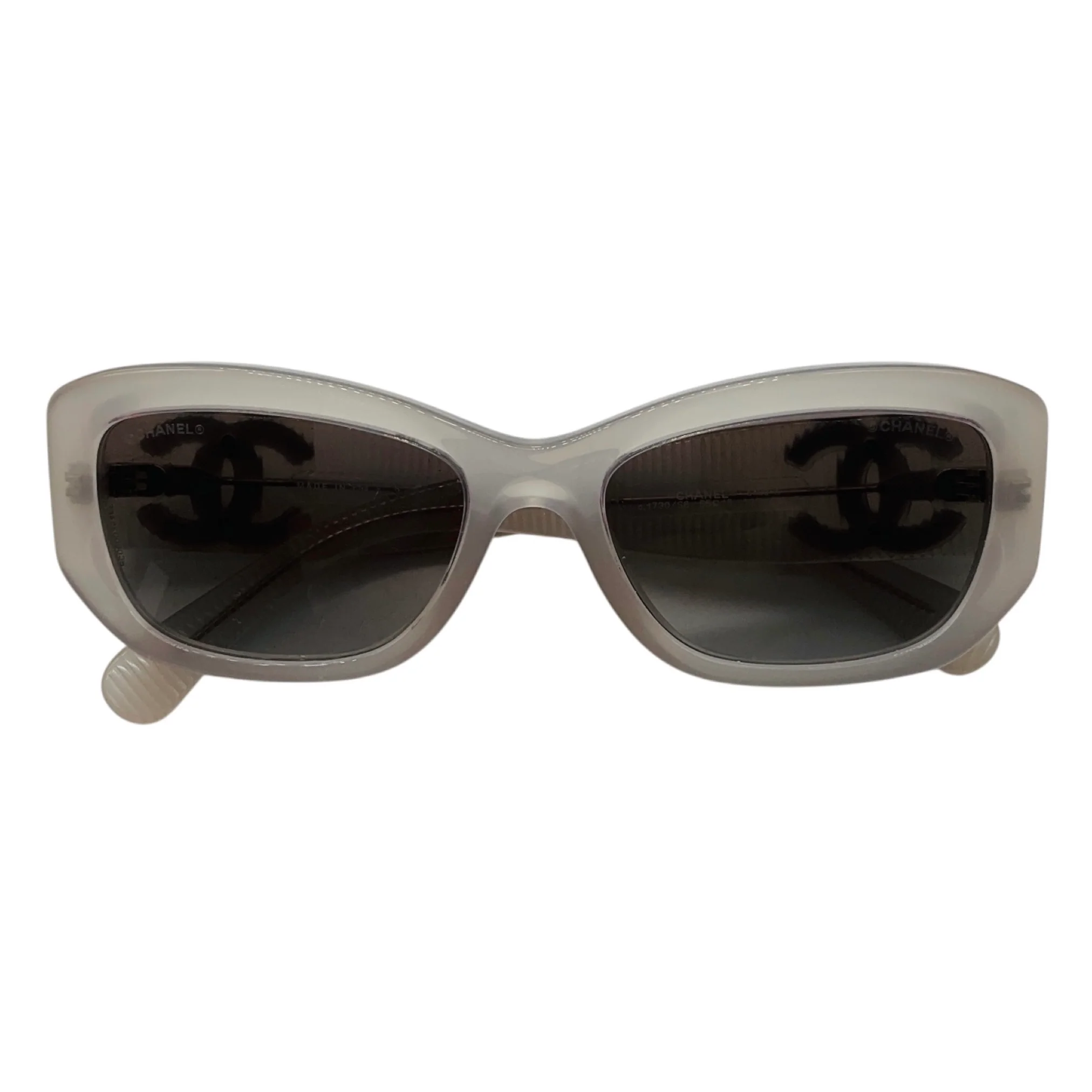 Chanel Milky Grey / Silver CC Logo Frosted Rectangular Acetate Sunglasses