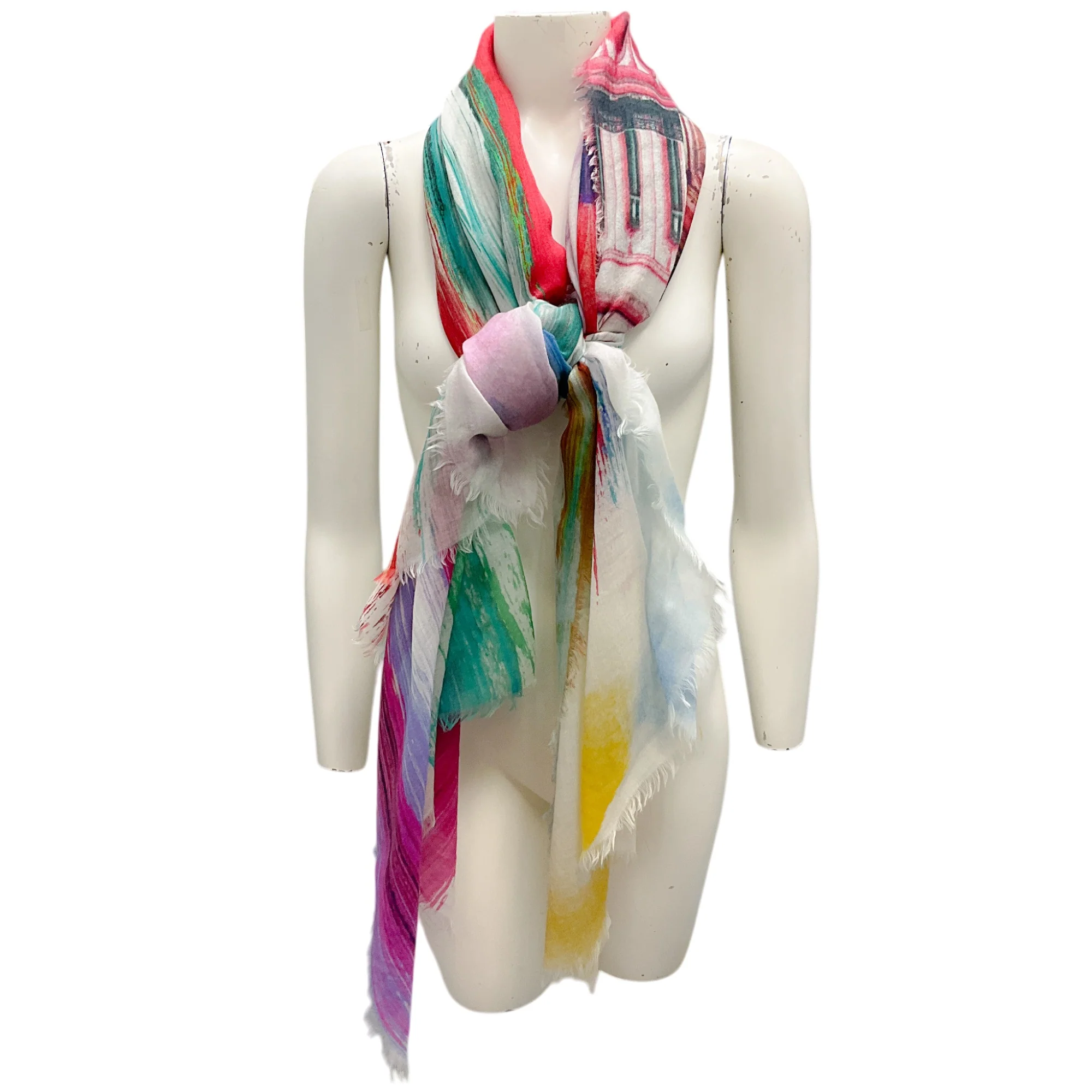 Chanel Multi Printed Fringed Large Sheer Scarf - Image 3