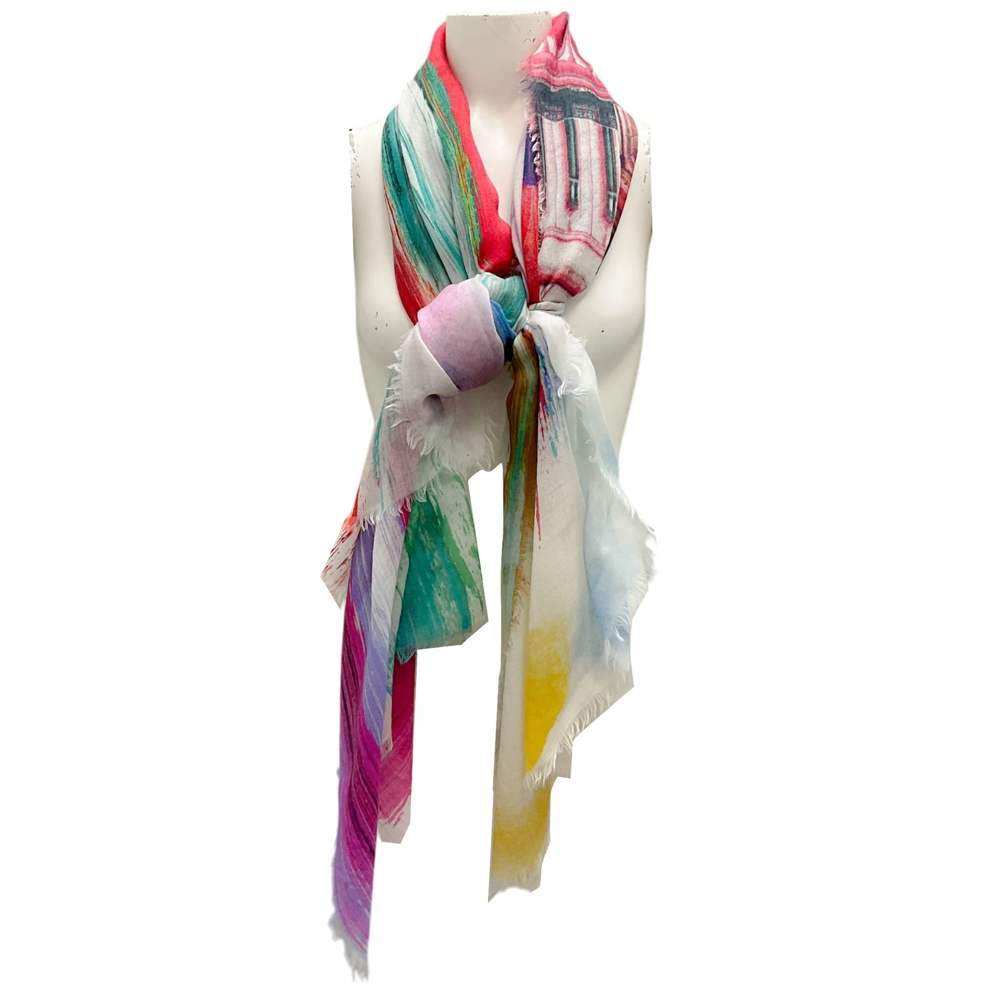 Chanel Multi Printed Fringed Large Sheer Scarf - Image 4