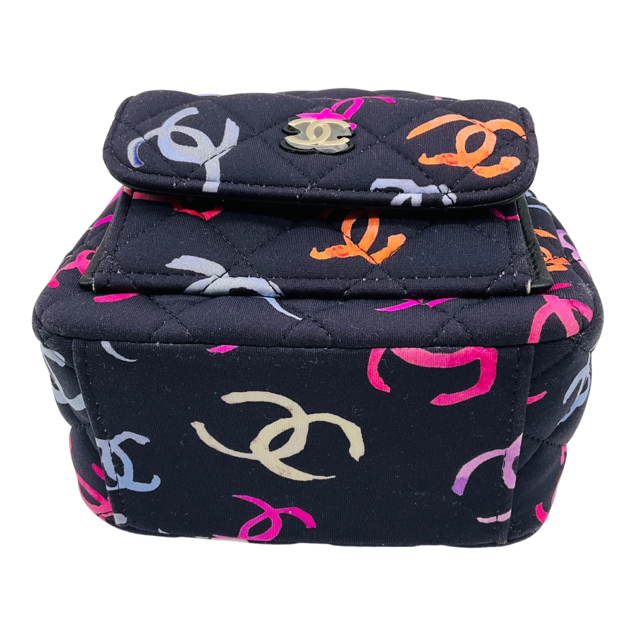 Chanel Navy Multi Classic CC Chain Pocket CC Logo Printed Quilted Fabric Mini Backpack - Image 4