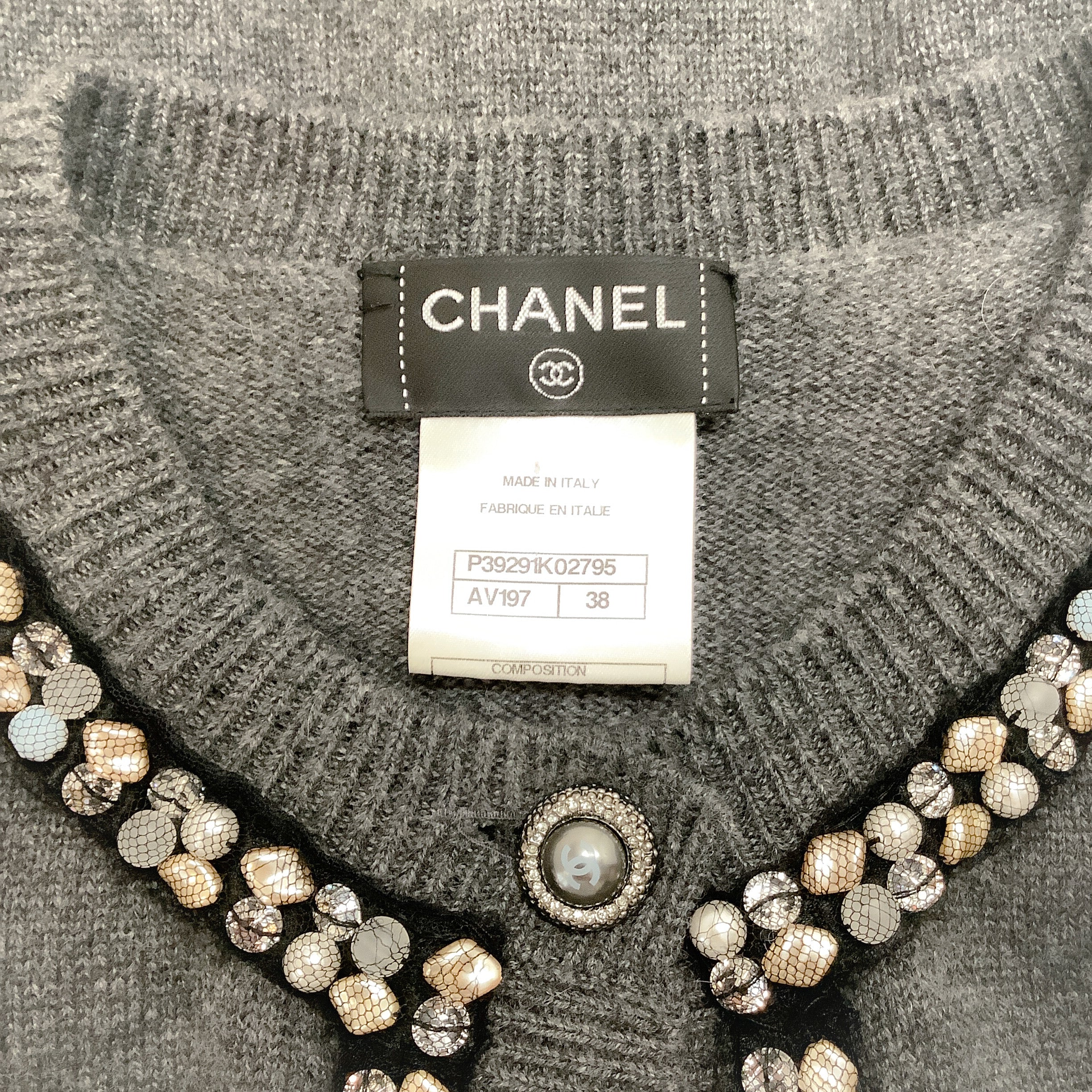 Chanel Pearl / Bead Trim Cashmere Cardigan Grey Sweater - Image 4