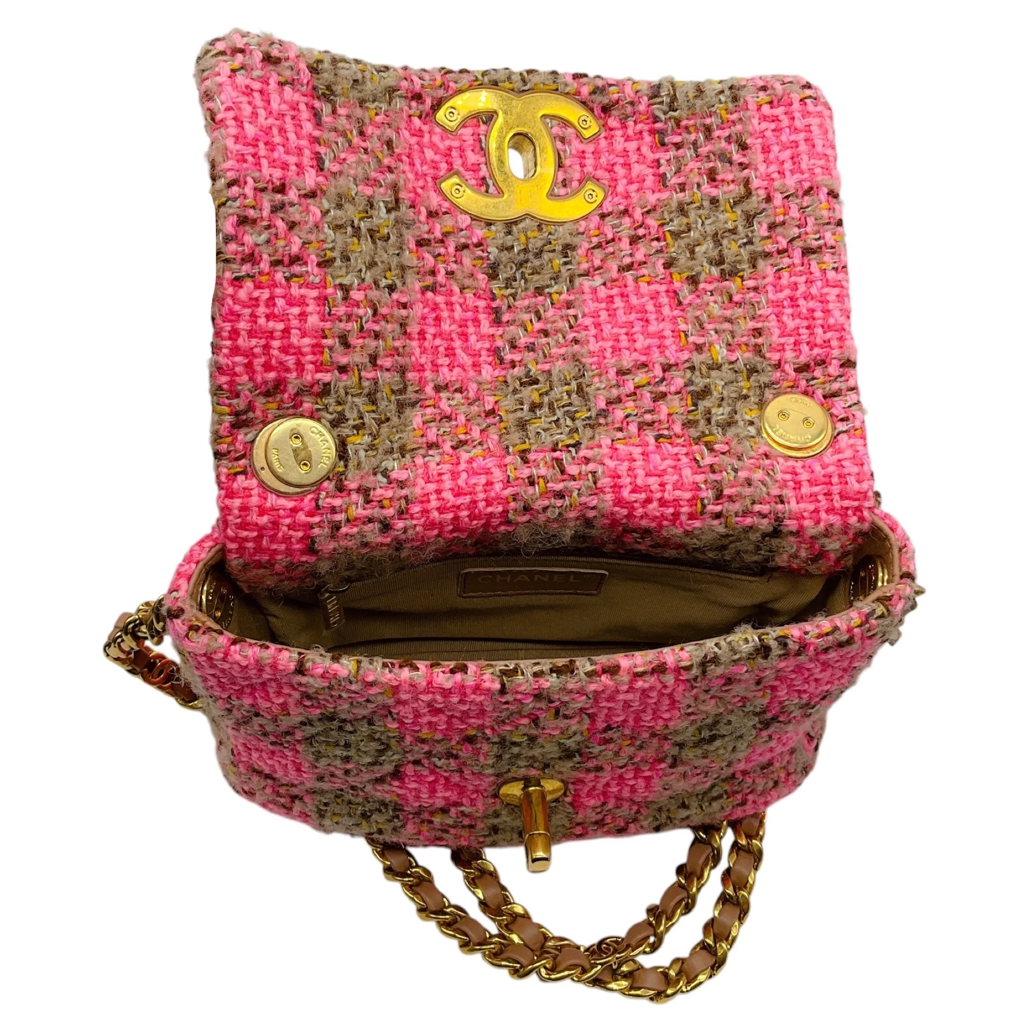 Chanel Pink / Beige 2022 Quilted Wool Tweed Chain Small Flap Bag with Gold Hardware - Image 6