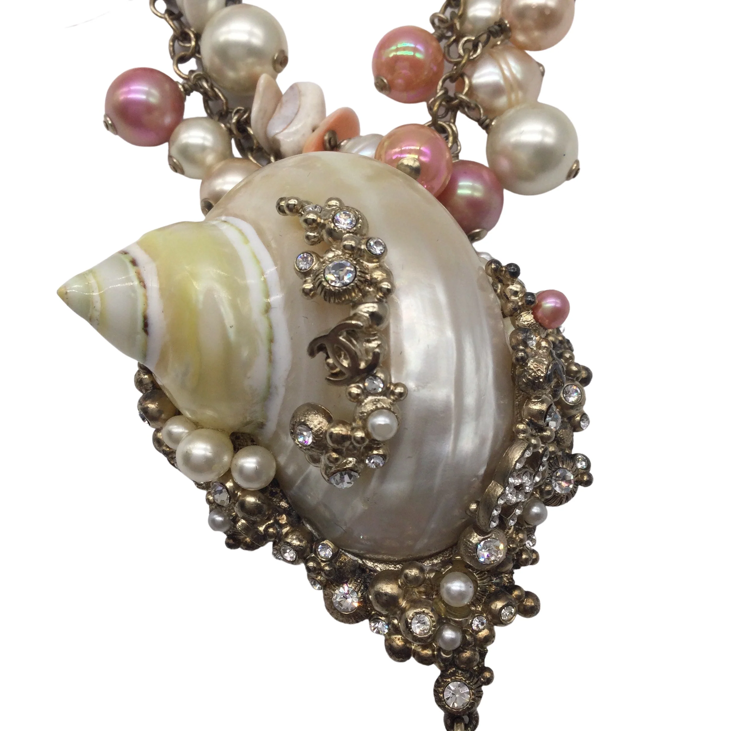 Chanel Pink / Ecru Cc Logo Seashell Pendant Crystal Embellished Imitation Pearl Long Necklace - Image 3
