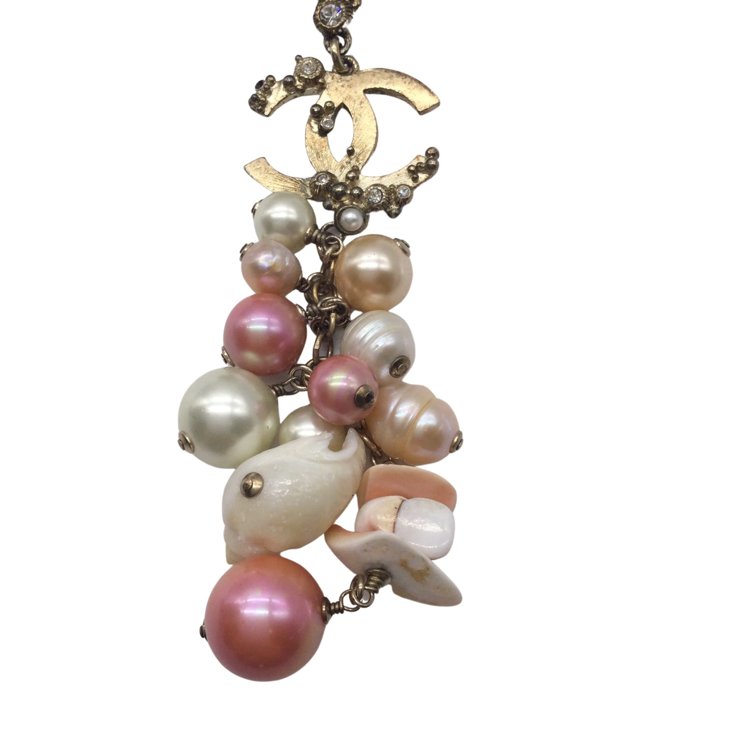 Chanel Pink / Ecru Cc Logo Seashell Pendant Crystal Embellished Imitation Pearl Long Necklace - Image 4