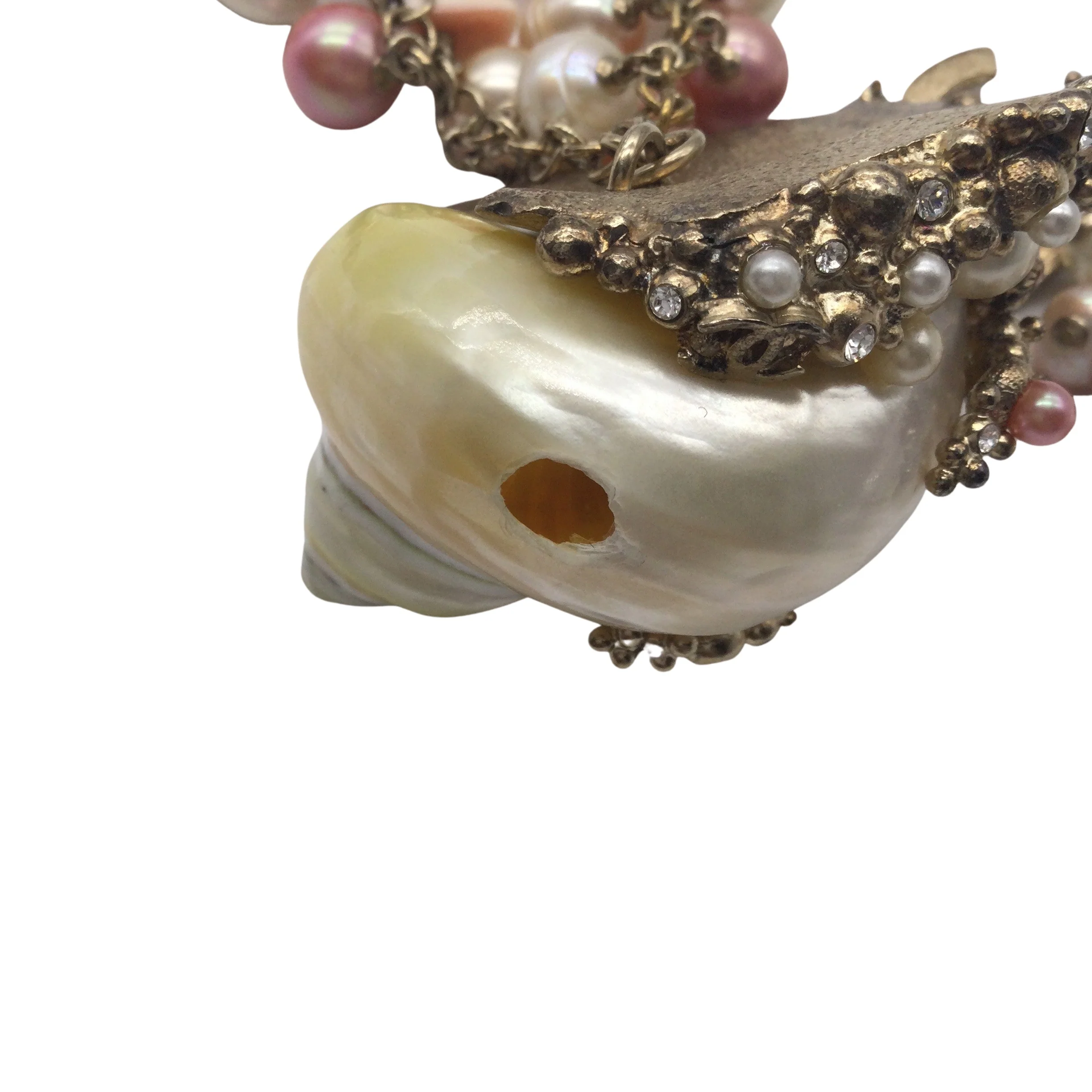 Chanel Pink / Ecru Cc Logo Seashell Pendant Crystal Embellished Imitation Pearl Long Necklace - Image 7
