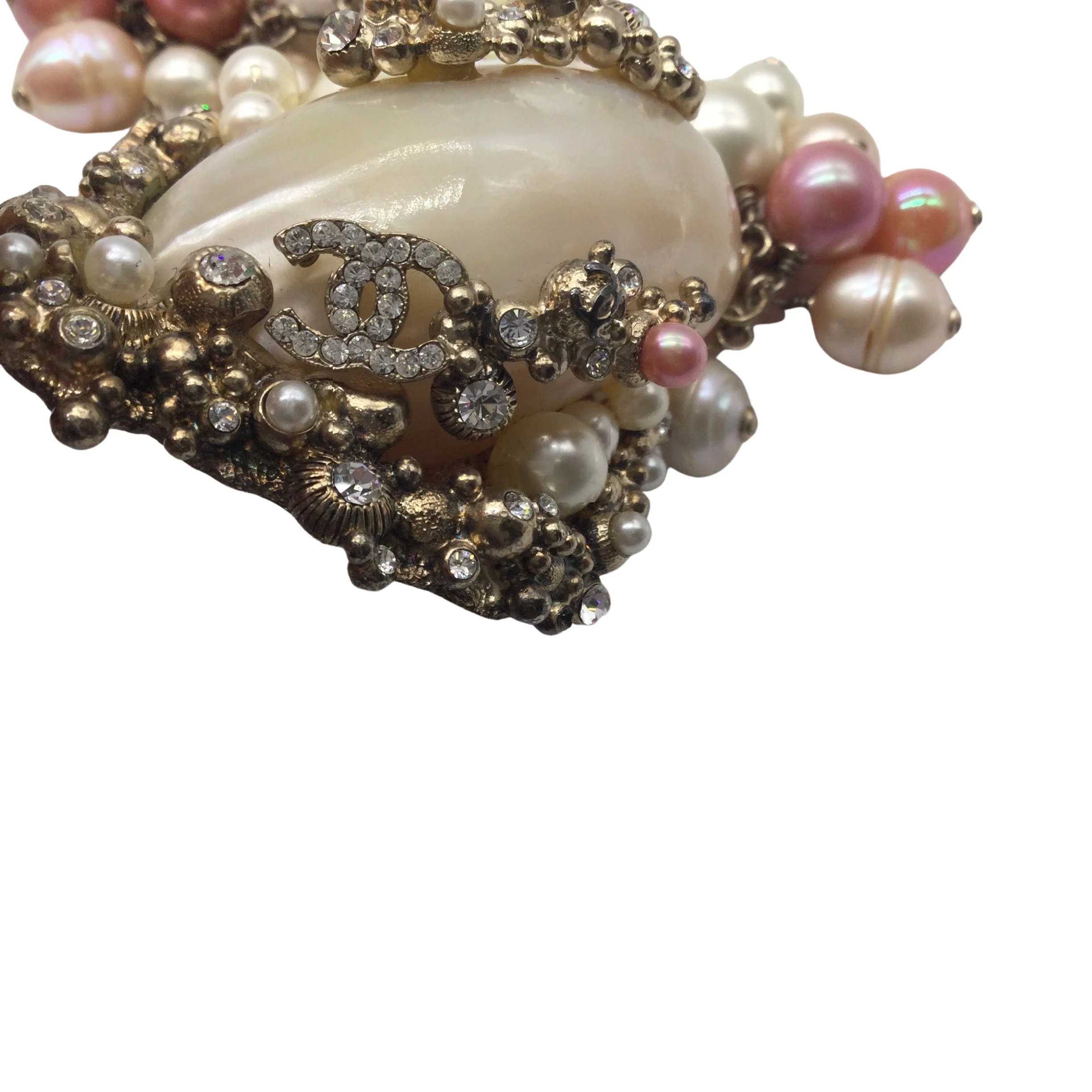 Chanel Pink / Ecru Cc Logo Seashell Pendant Crystal Embellished Imitation Pearl Long Necklace - Image 8