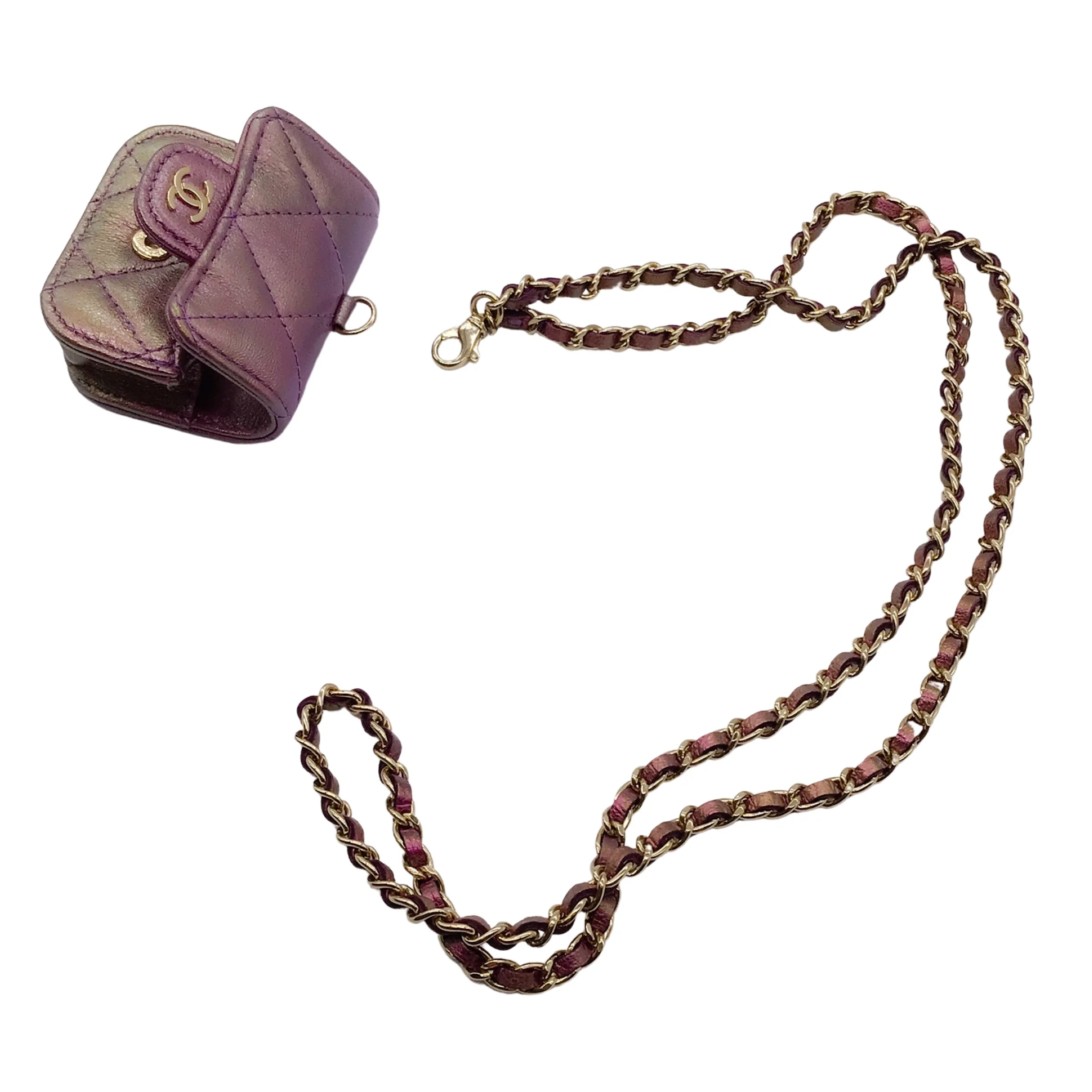 Chanel 2021 Purple / Light Gold CC Logo Chain Strap Quilted Iridescent Lambskin Leather Airpods Pro Case / Handbag - Image 10
