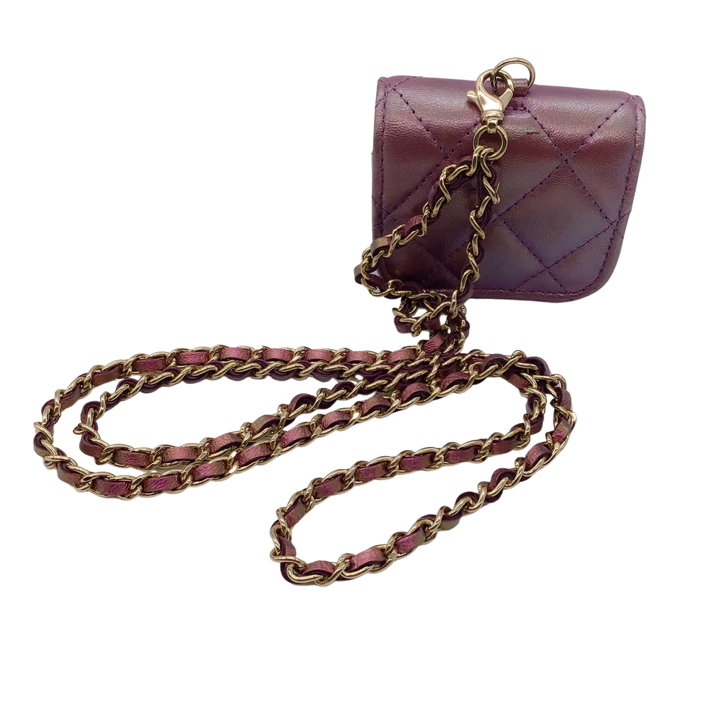 Chanel 2021 Purple / Light Gold CC Logo Chain Strap Quilted Iridescent Lambskin Leather Airpods Pro Case / Handbag - Image 3