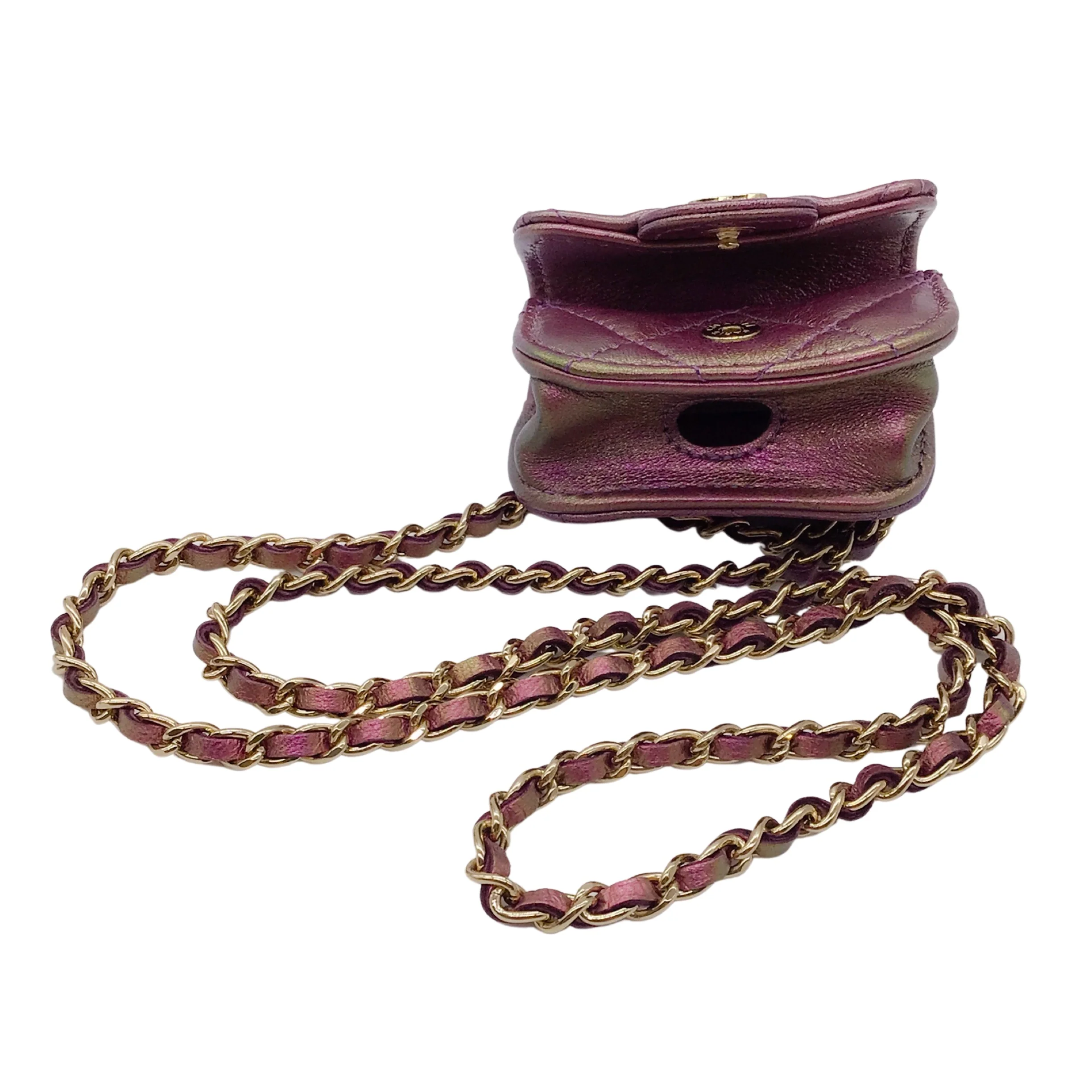 Chanel 2021 Purple / Light Gold CC Logo Chain Strap Quilted Iridescent Lambskin Leather Airpods Pro Case / Handbag - Image 4