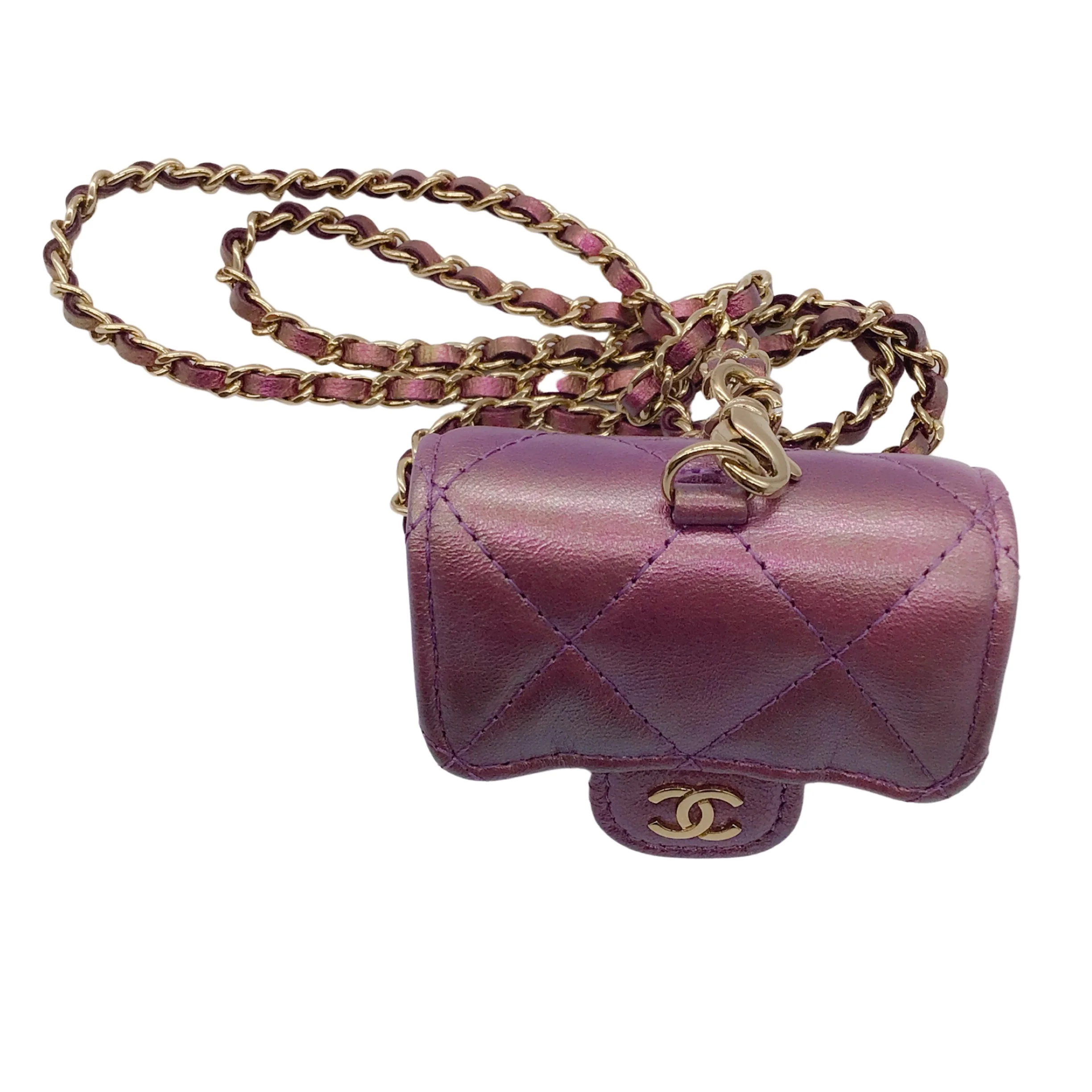 Chanel 2021 Purple / Light Gold CC Logo Chain Strap Quilted Iridescent Lambskin Leather Airpods Pro Case / Handbag - Image 5