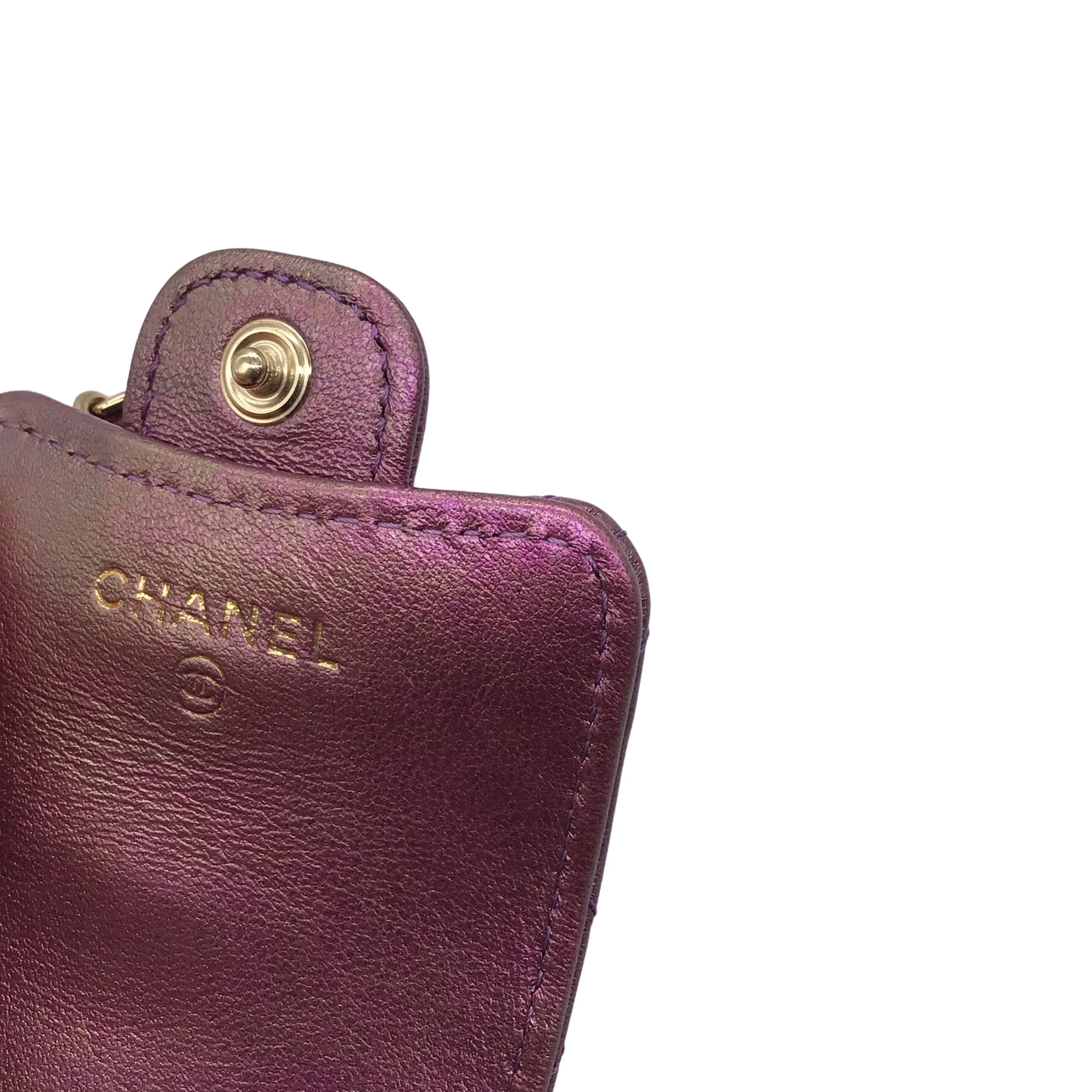 Chanel 2021 Purple / Light Gold CC Logo Chain Strap Quilted Iridescent Lambskin Leather Airpods Pro Case / Handbag - Image 7