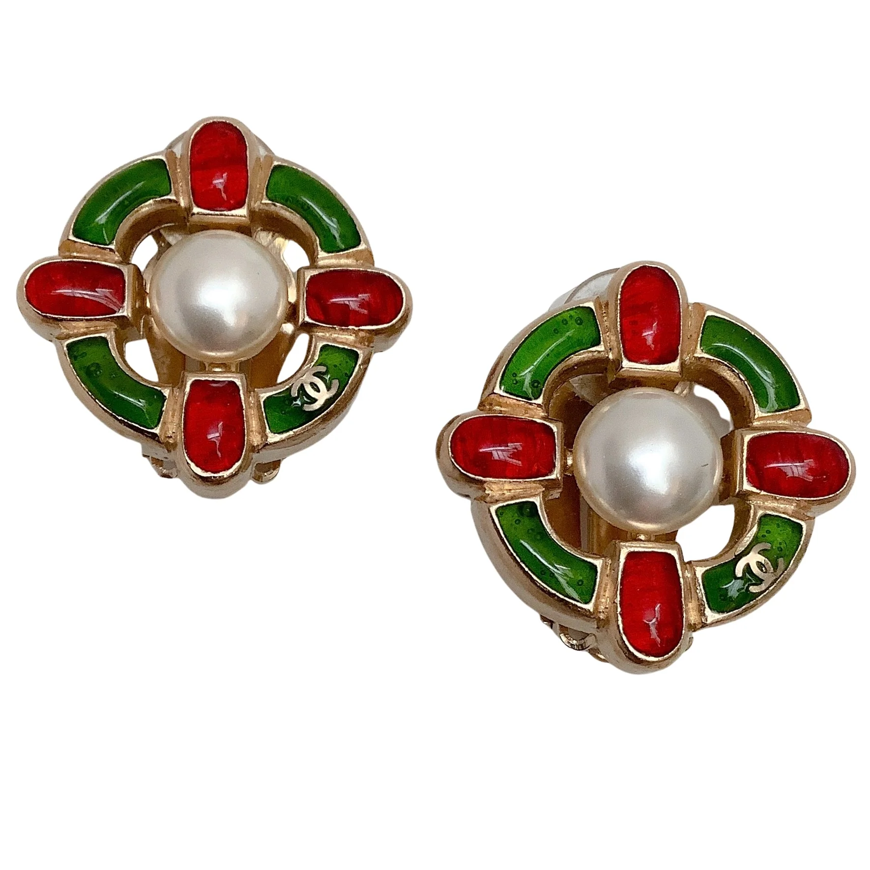 Chanel Red / Green Gripoix and Pearl Clip Earrings