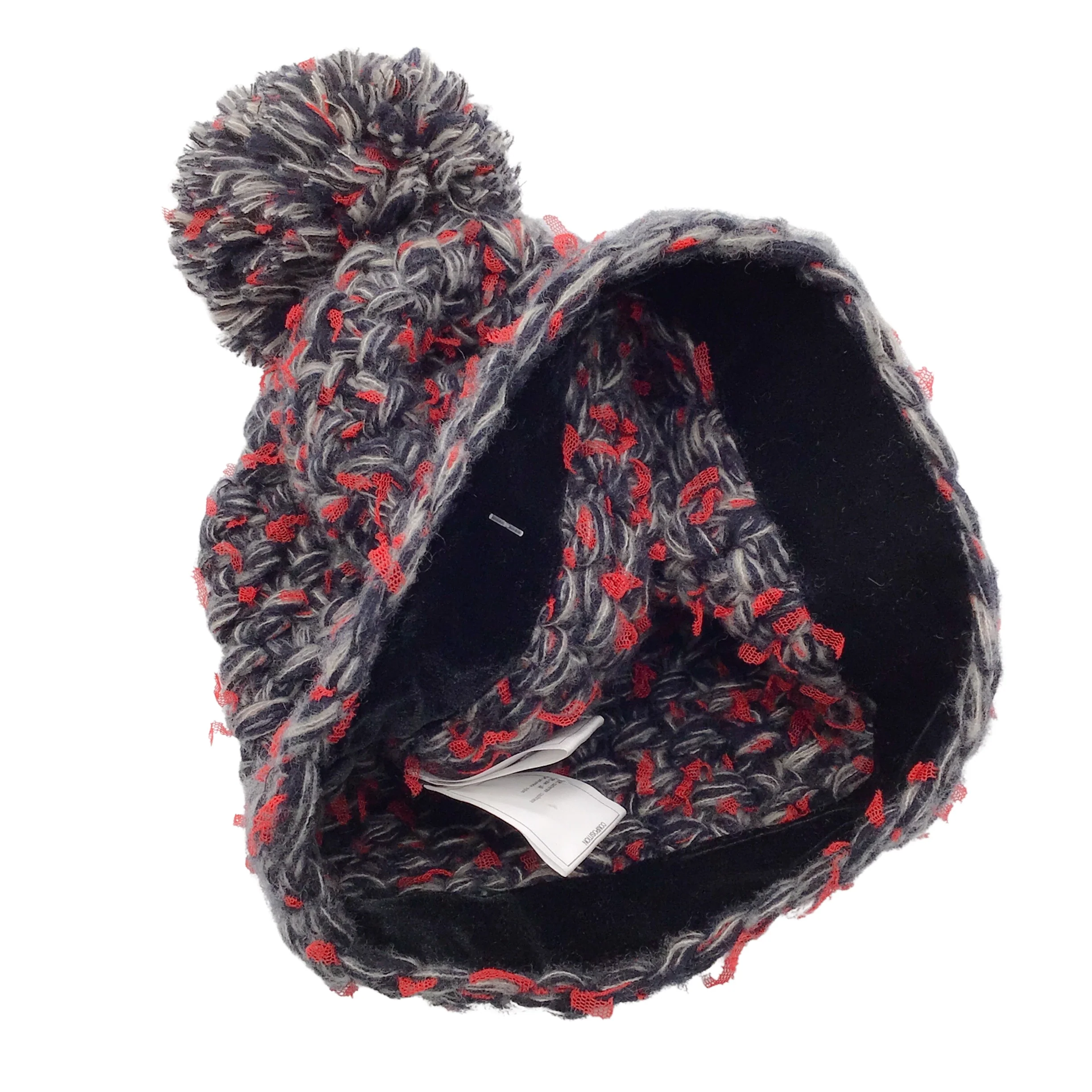 Chanel Red / Grey / Black Woven Cashmere and Silk Chunky Knit Pom Pom Beanie / Hat - Image 13