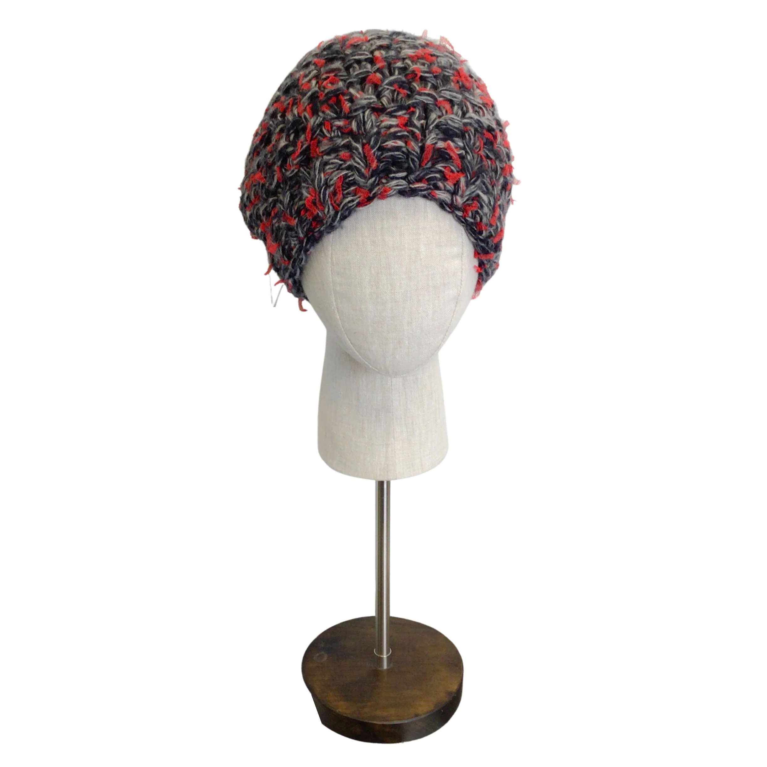 Chanel Red / Grey / Black Woven Cashmere and Silk Chunky Knit Pom Pom Beanie / Hat - Image 3