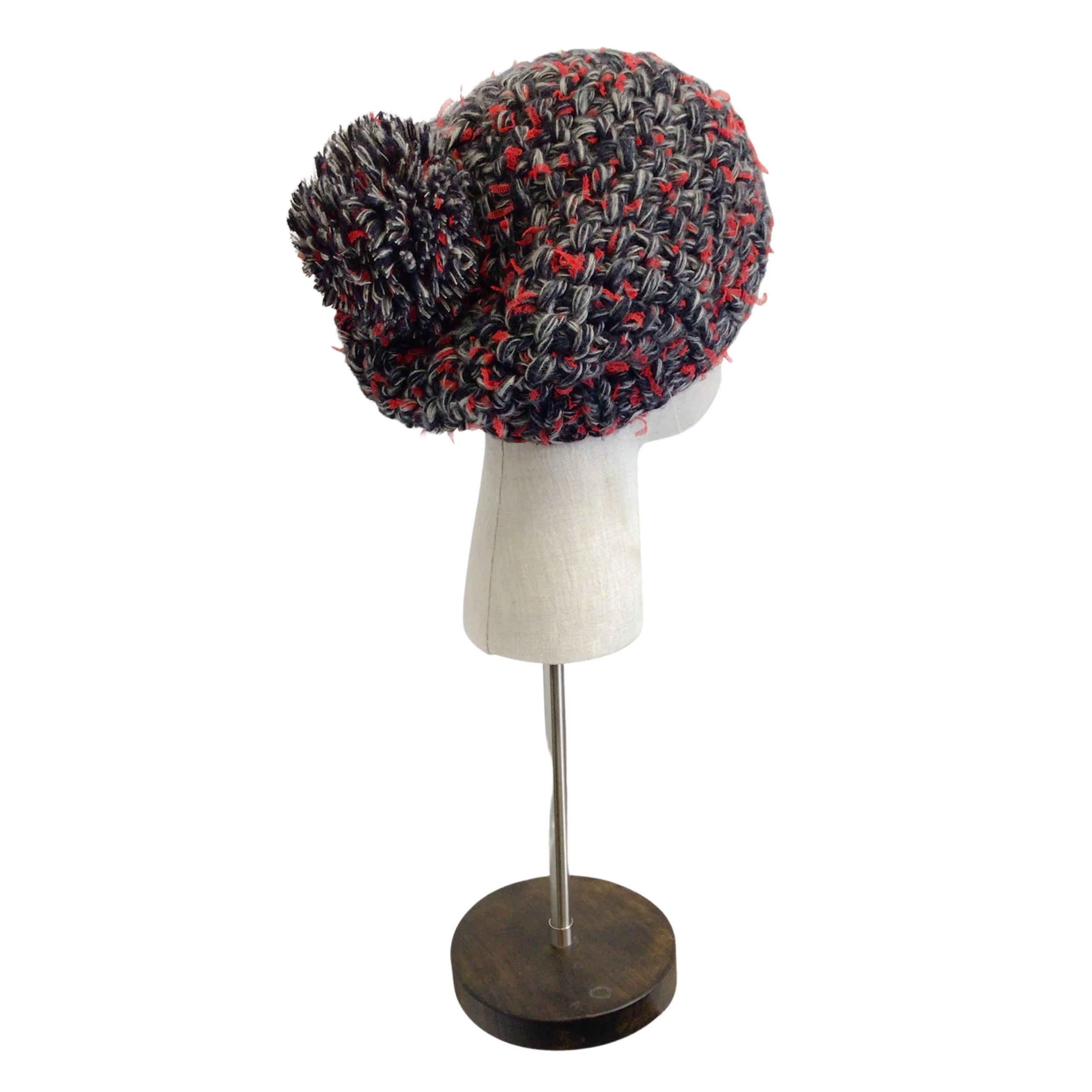 Chanel Red / Grey / Black Woven Cashmere and Silk Chunky Knit Pom Pom Beanie / Hat - Image 4