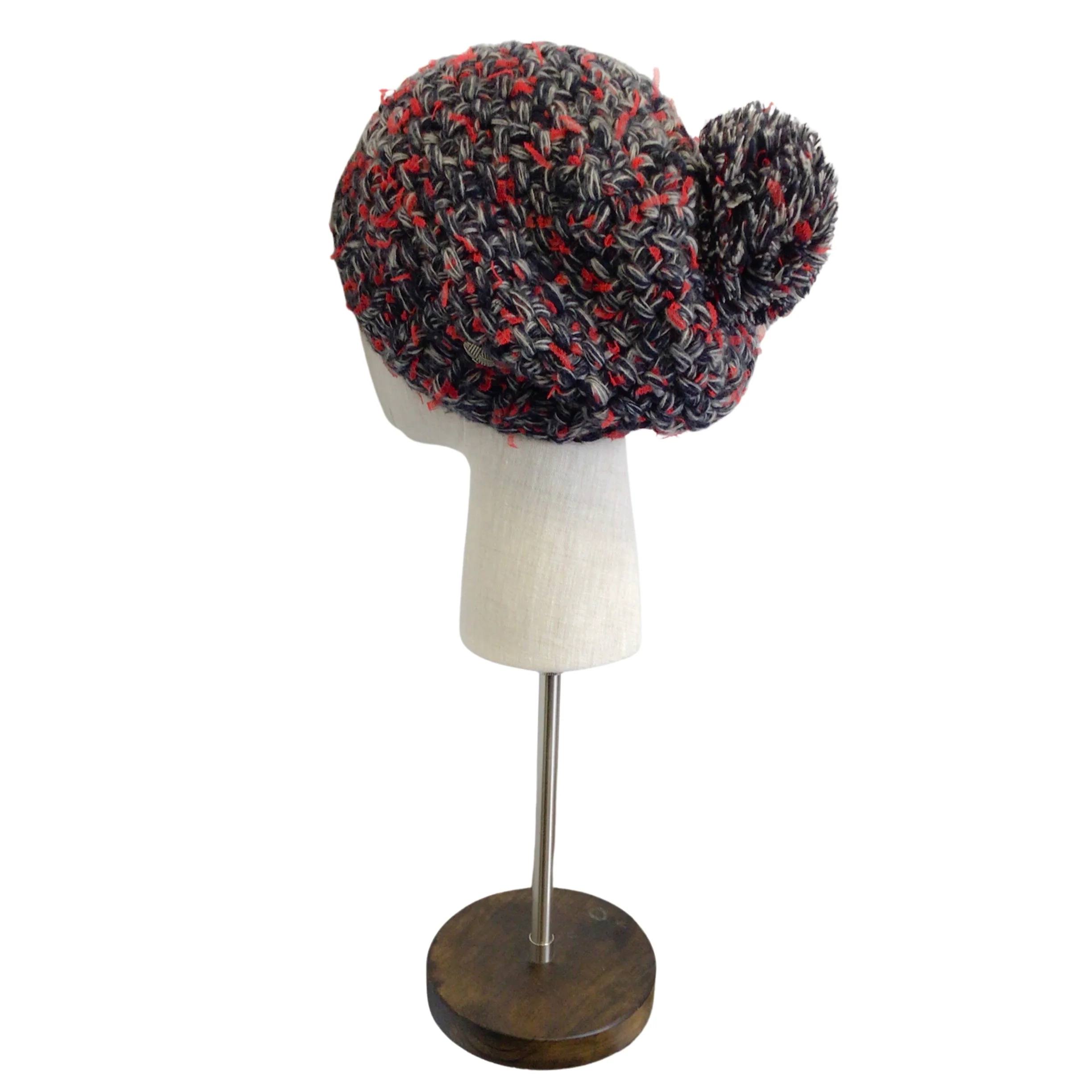 Chanel Red / Grey / Black Woven Cashmere and Silk Chunky Knit Pom Pom Beanie / Hat - Image 5