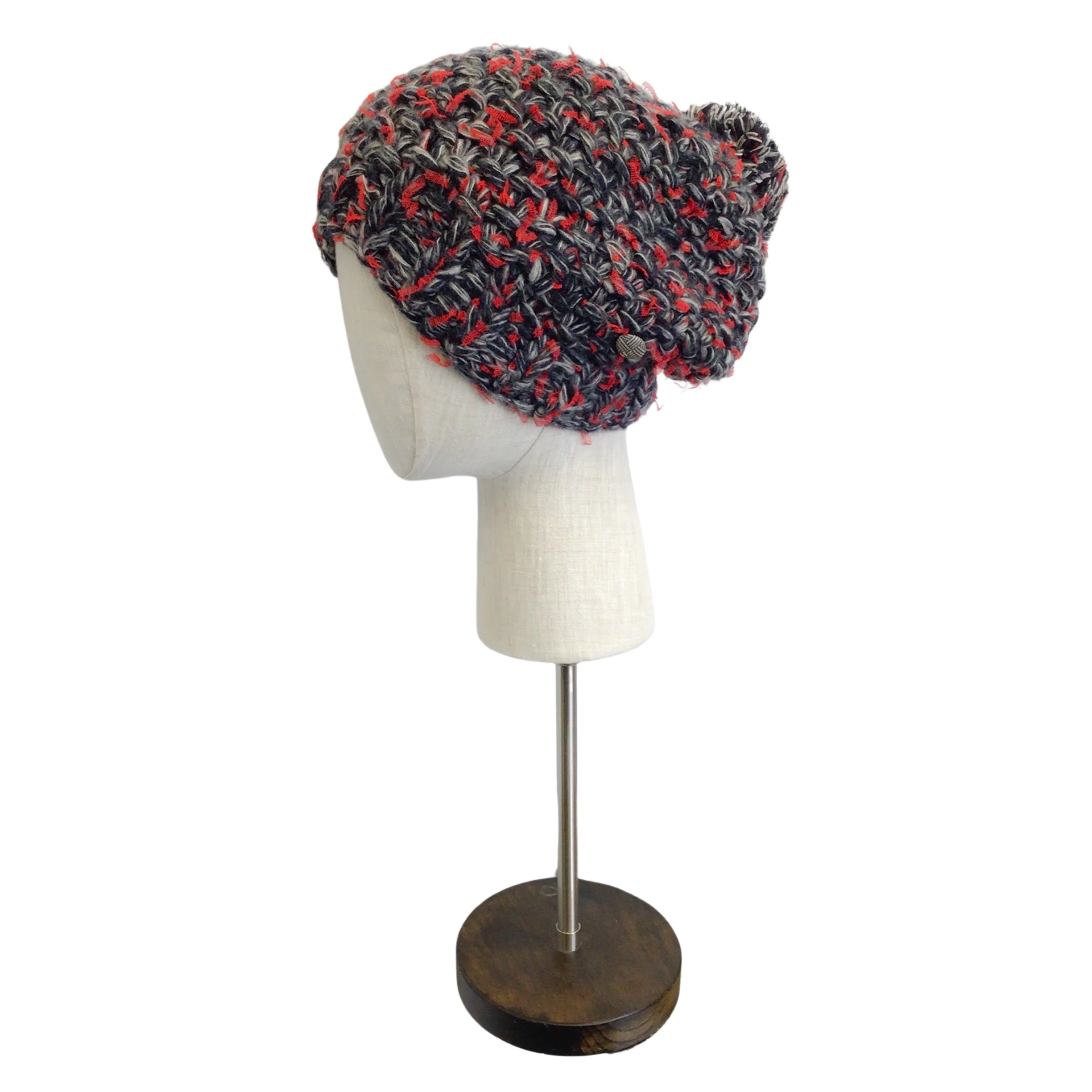 Chanel Red / Grey / Black Woven Cashmere and Silk Chunky Knit Pom Pom Beanie / Hat - Image 6