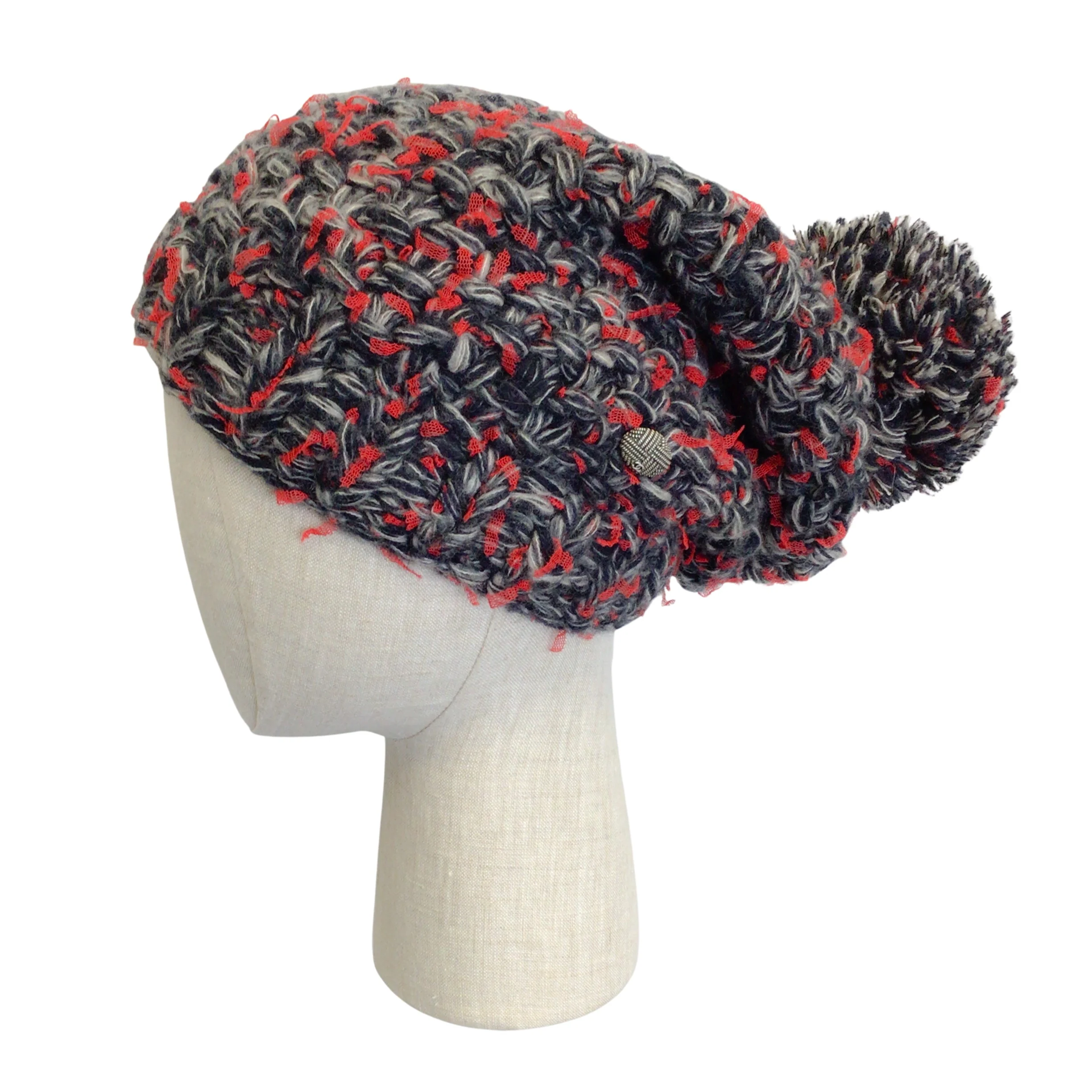 Chanel Red / Grey / Black Woven Cashmere and Silk Chunky Knit Pom Pom Beanie / Hat - Image 7