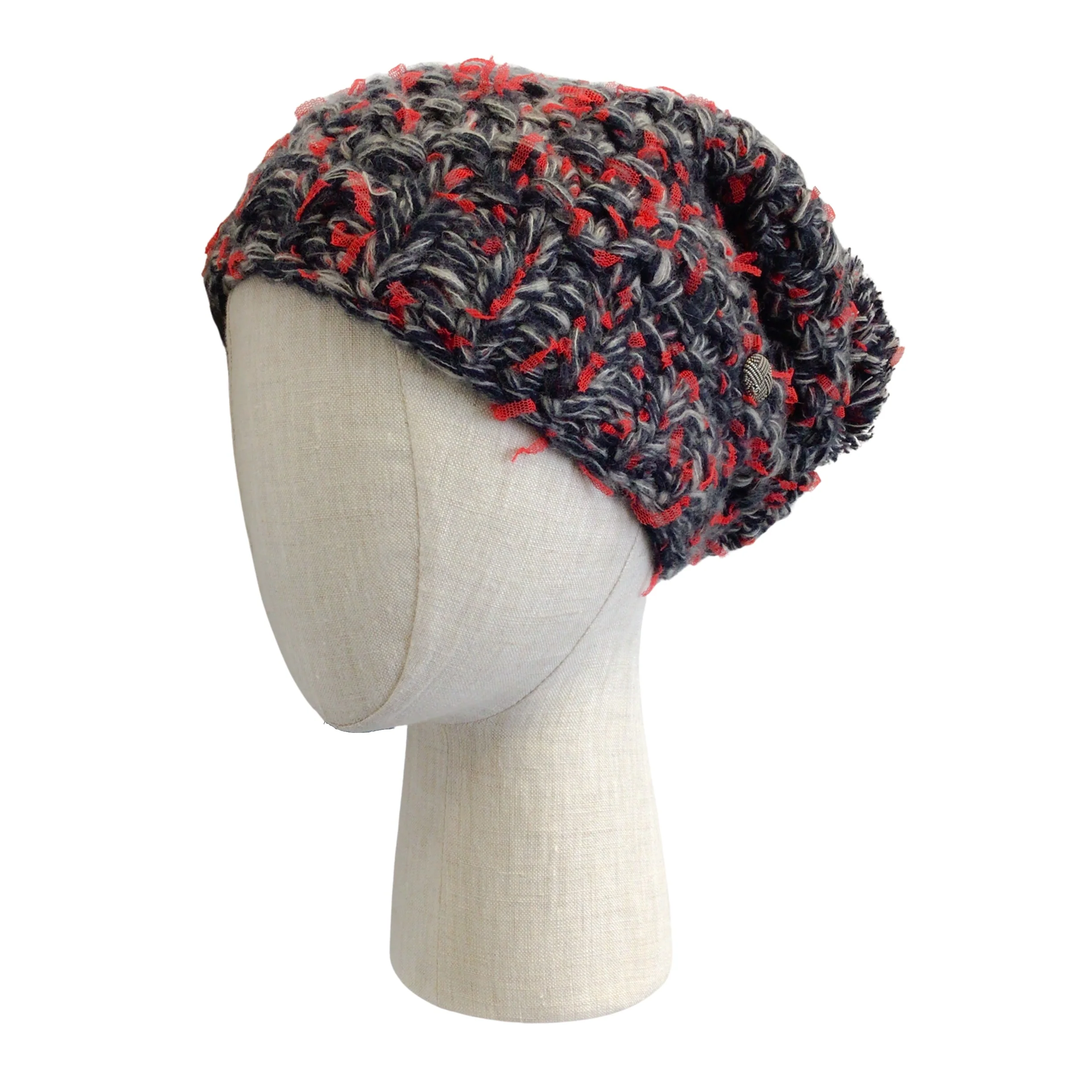 Chanel Red / Grey / Black Woven Cashmere and Silk Chunky Knit Pom Pom Beanie / Hat - Image 8