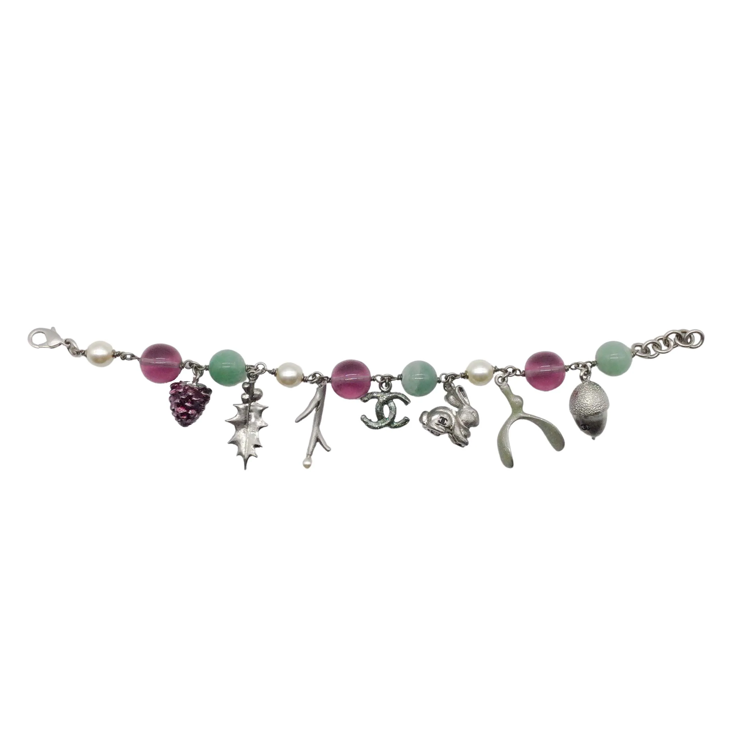 Chanel Silver Green/Purple Beaded Woodland Charm Fall 2005 Bracelet - Image 3
