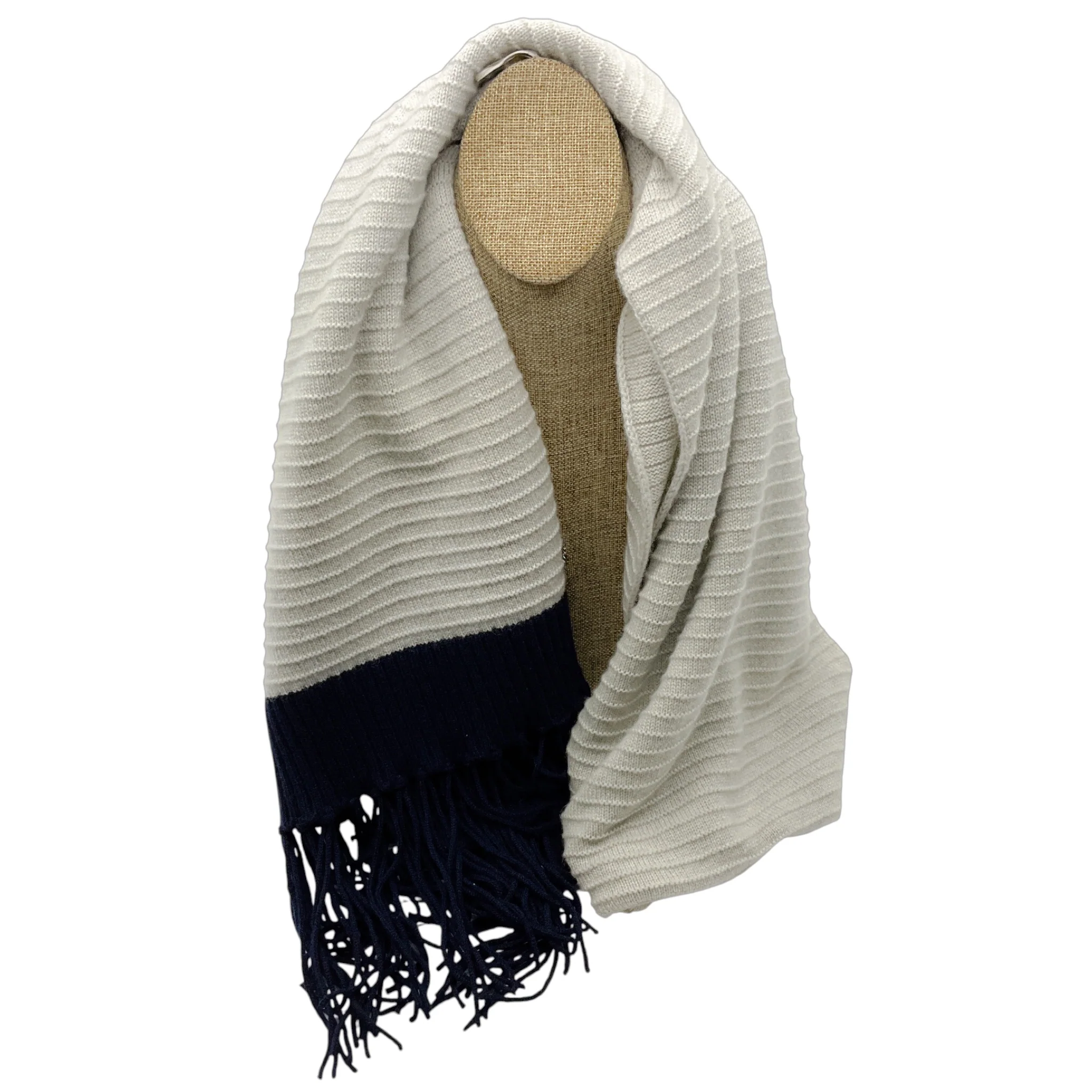Chanel Silver / Grey / Navy 2008 Fringed Cashmere Knit Scarf - Image 3