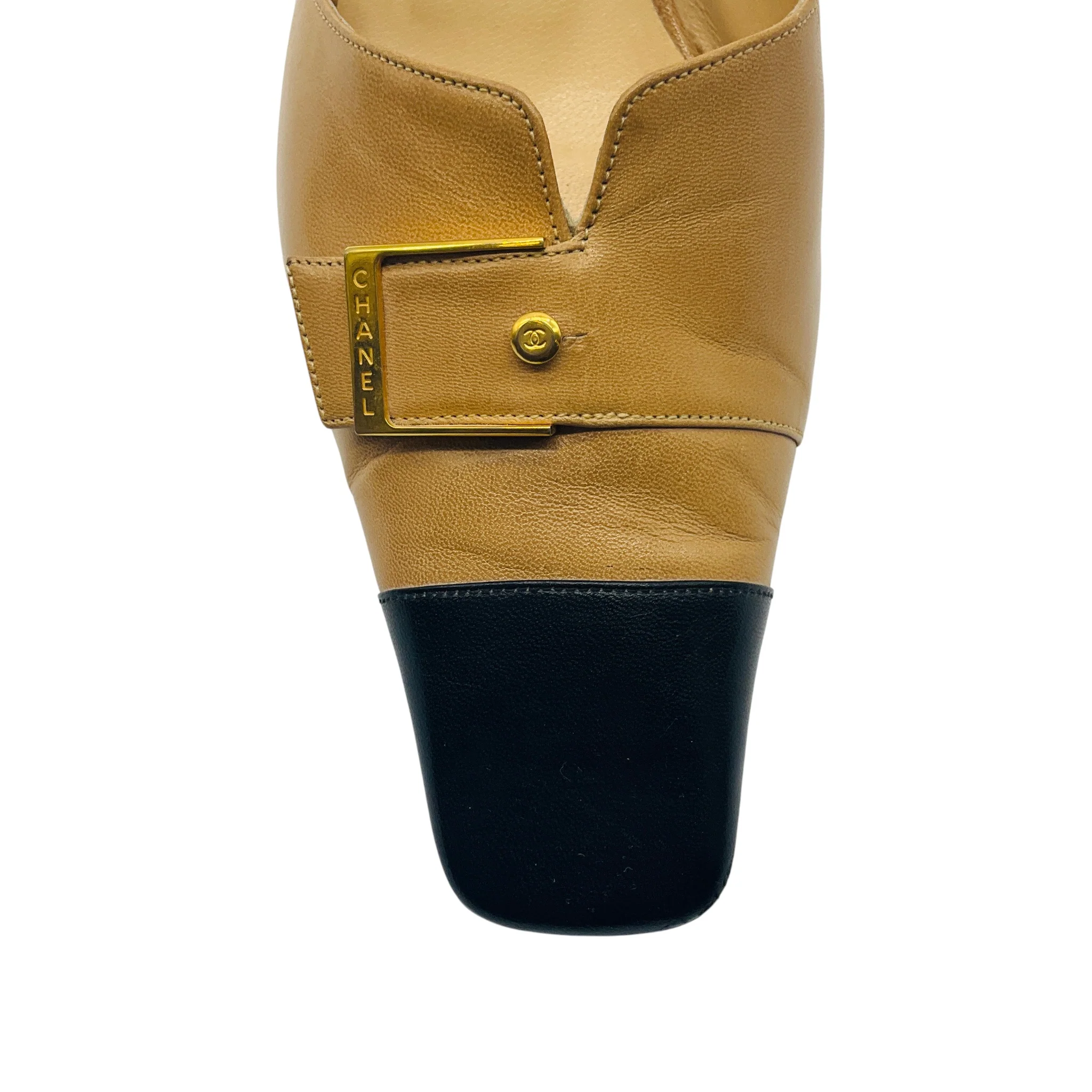 Chanel Tan / Black / Gold Buckle Leather Mules - Image 5
