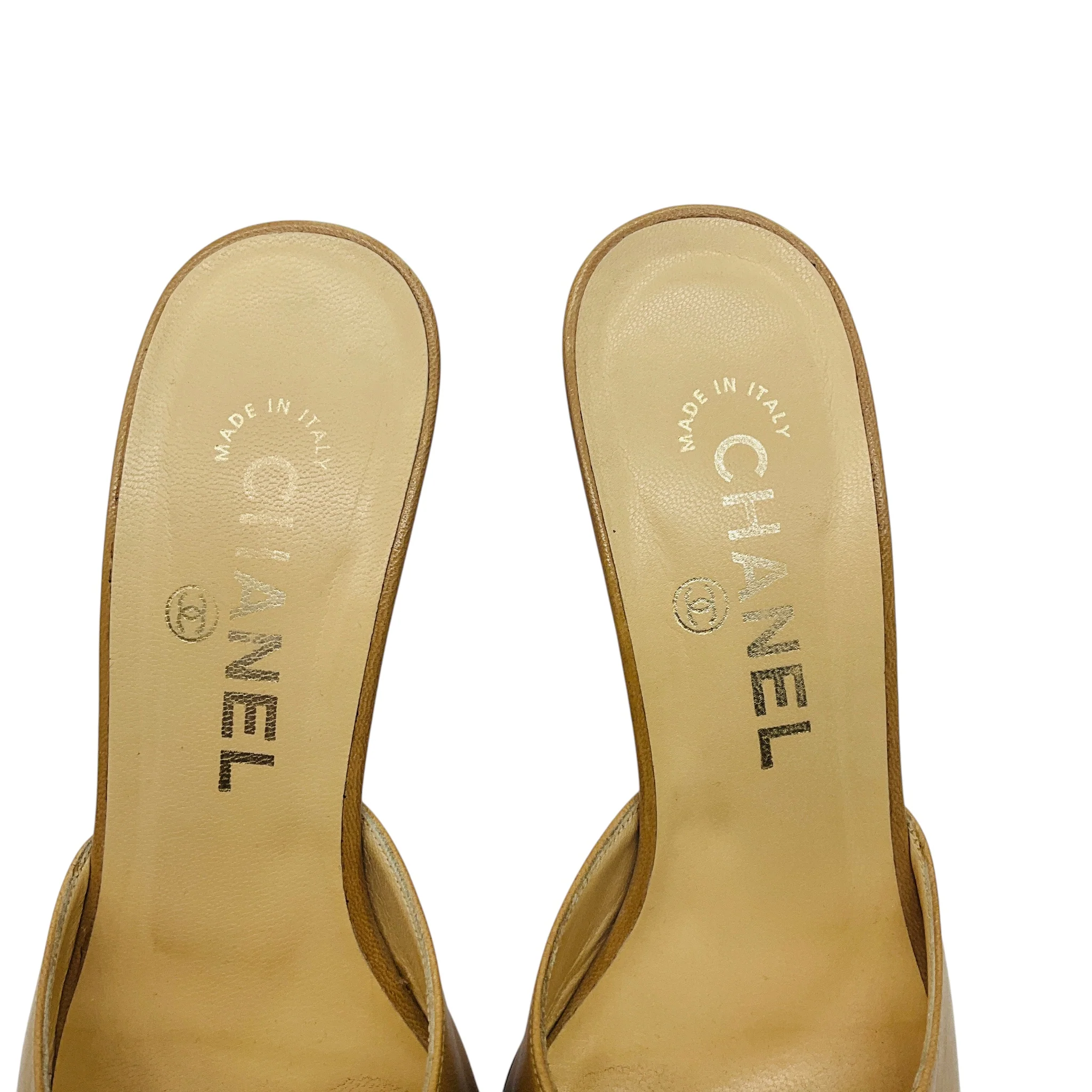Chanel Tan / Black / Gold Buckle Leather Mules - Image 8