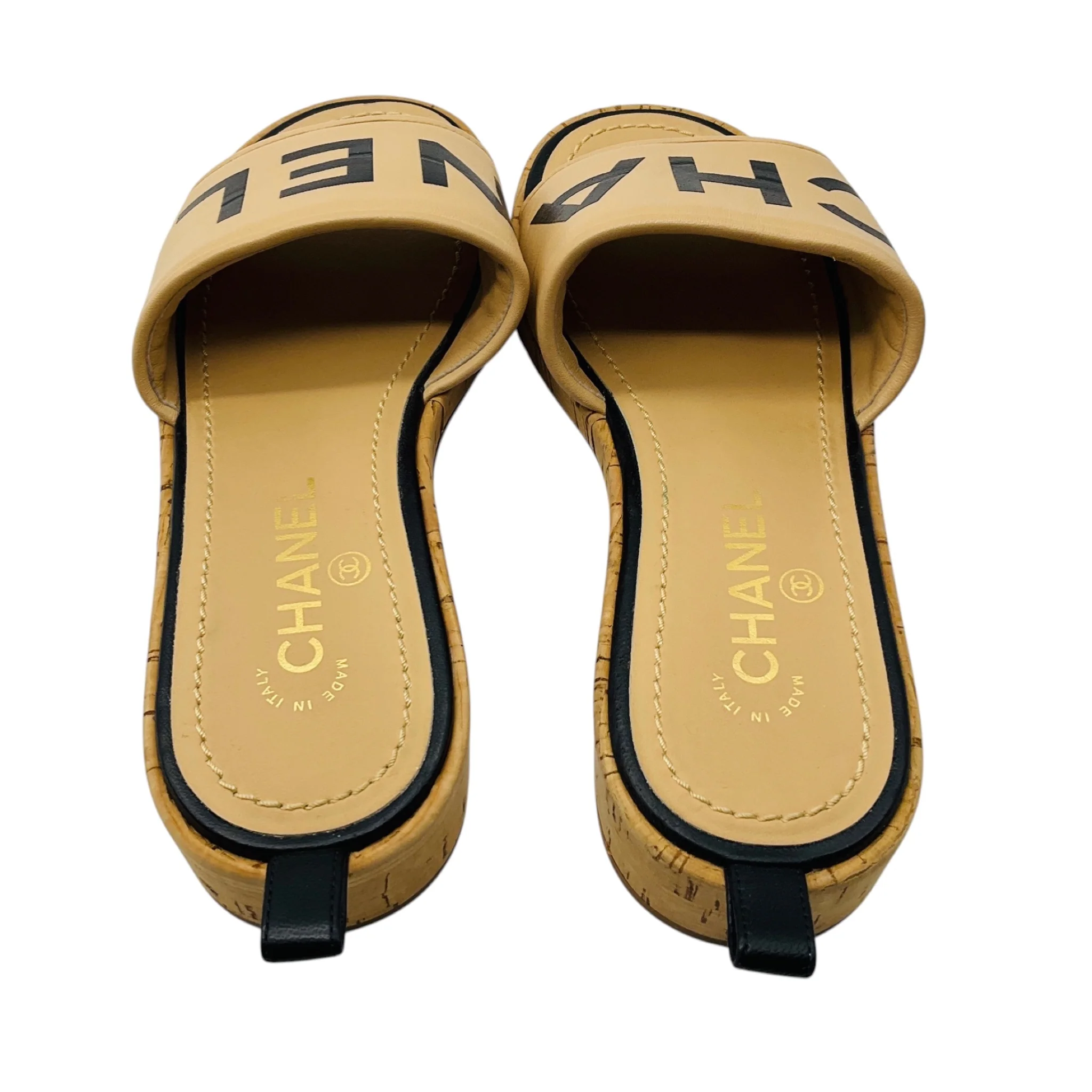 Chanel Tan / Black Logo Leather and Cork Slide Sandals - Image 6