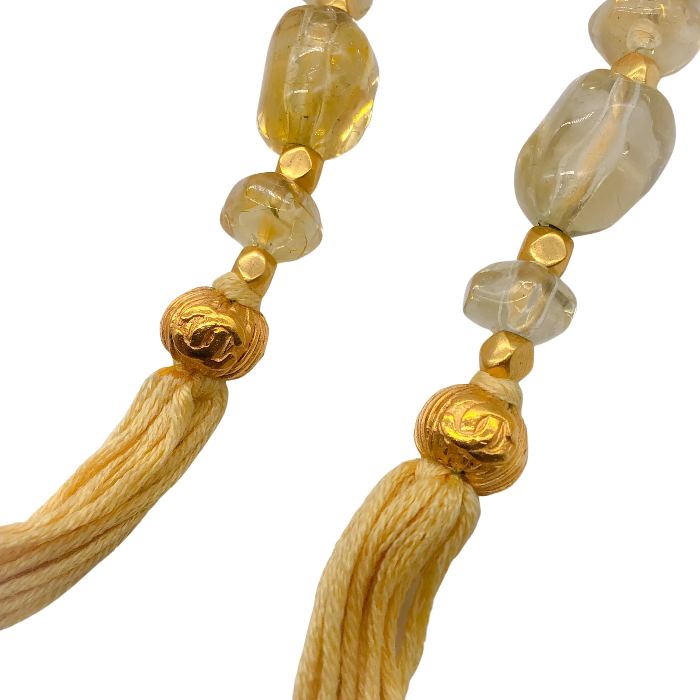 Chanel Vintage 1999 Yellow Resin Stone and Gold CC Logo Charm Tassel Detail Belt - Image 8