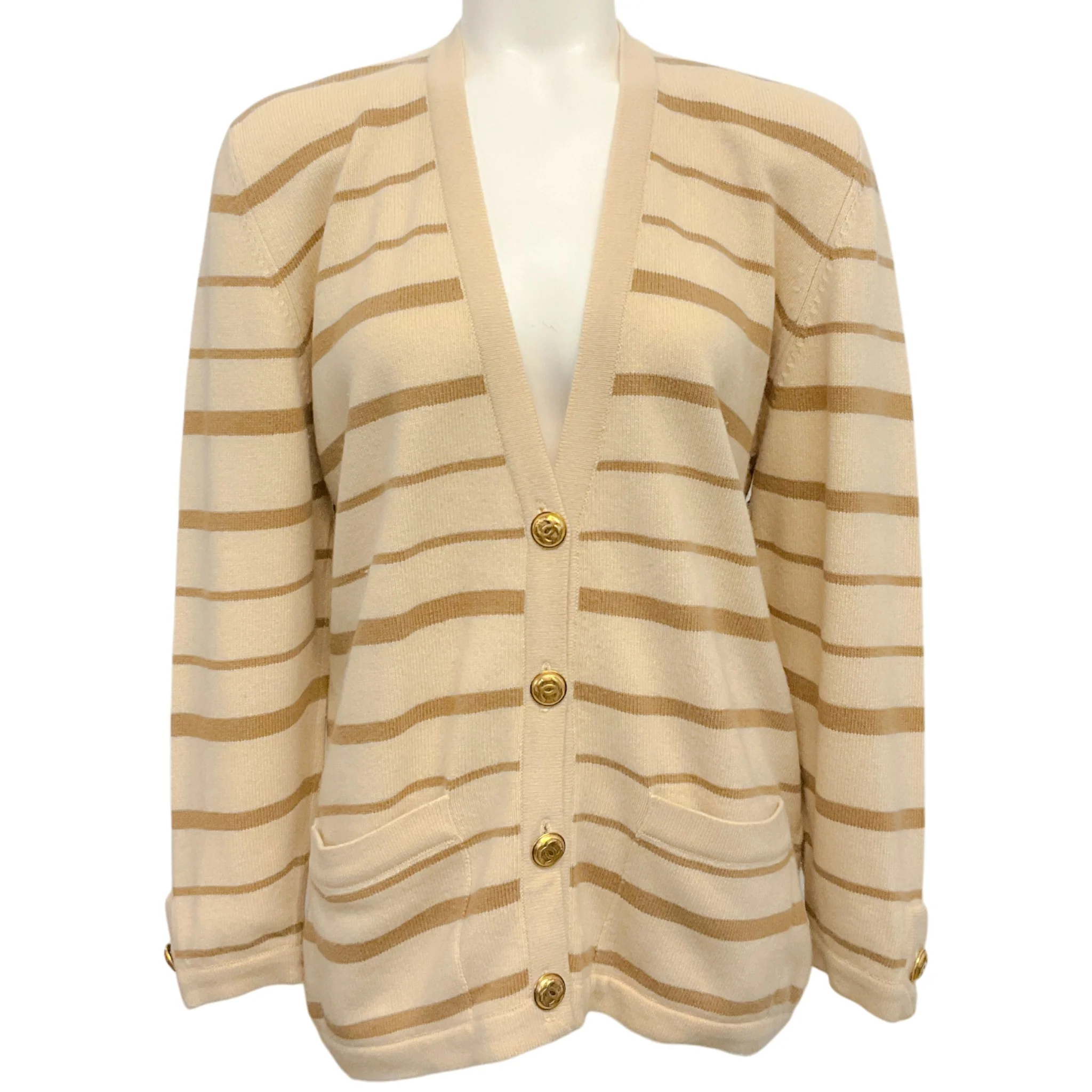 Chanel Vintage Beige / Brown Striped Cashmere Cardigan Sweater