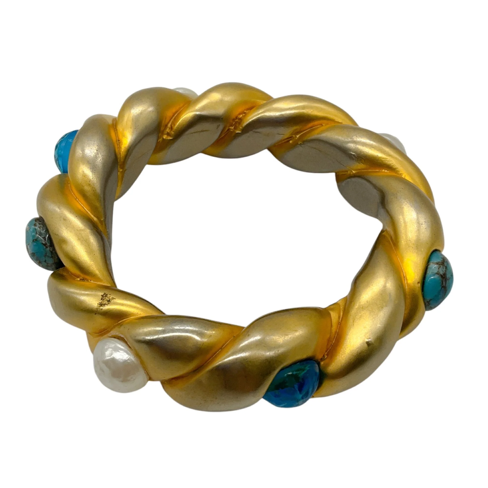 Chanel Vintage Pearl and Aqua Resin Embellished Gold Enamel Chunky Bangle Bracelet - Image 3