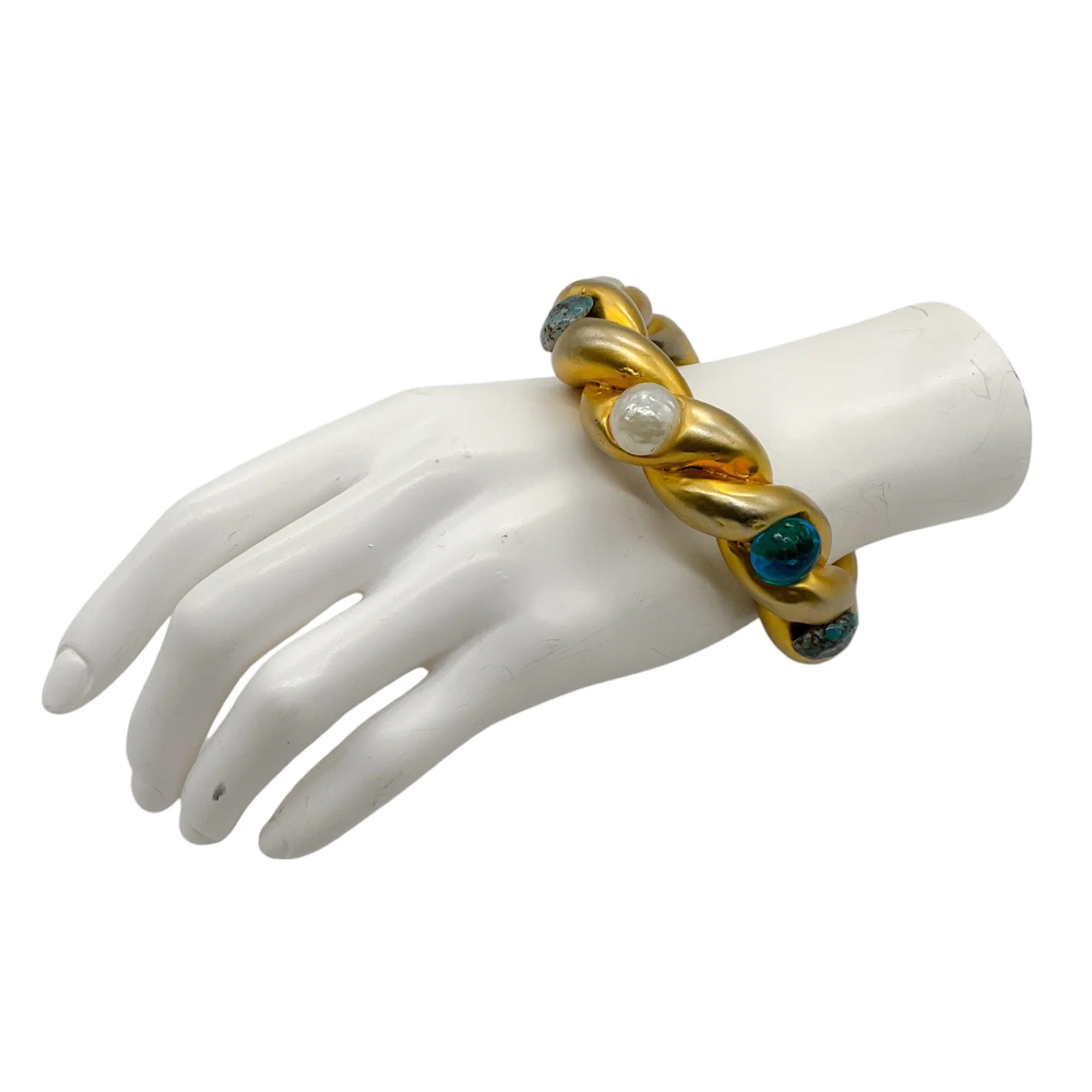 Chanel Vintage Pearl and Aqua Resin Embellished Gold Enamel Chunky Bangle Bracelet - Image 5