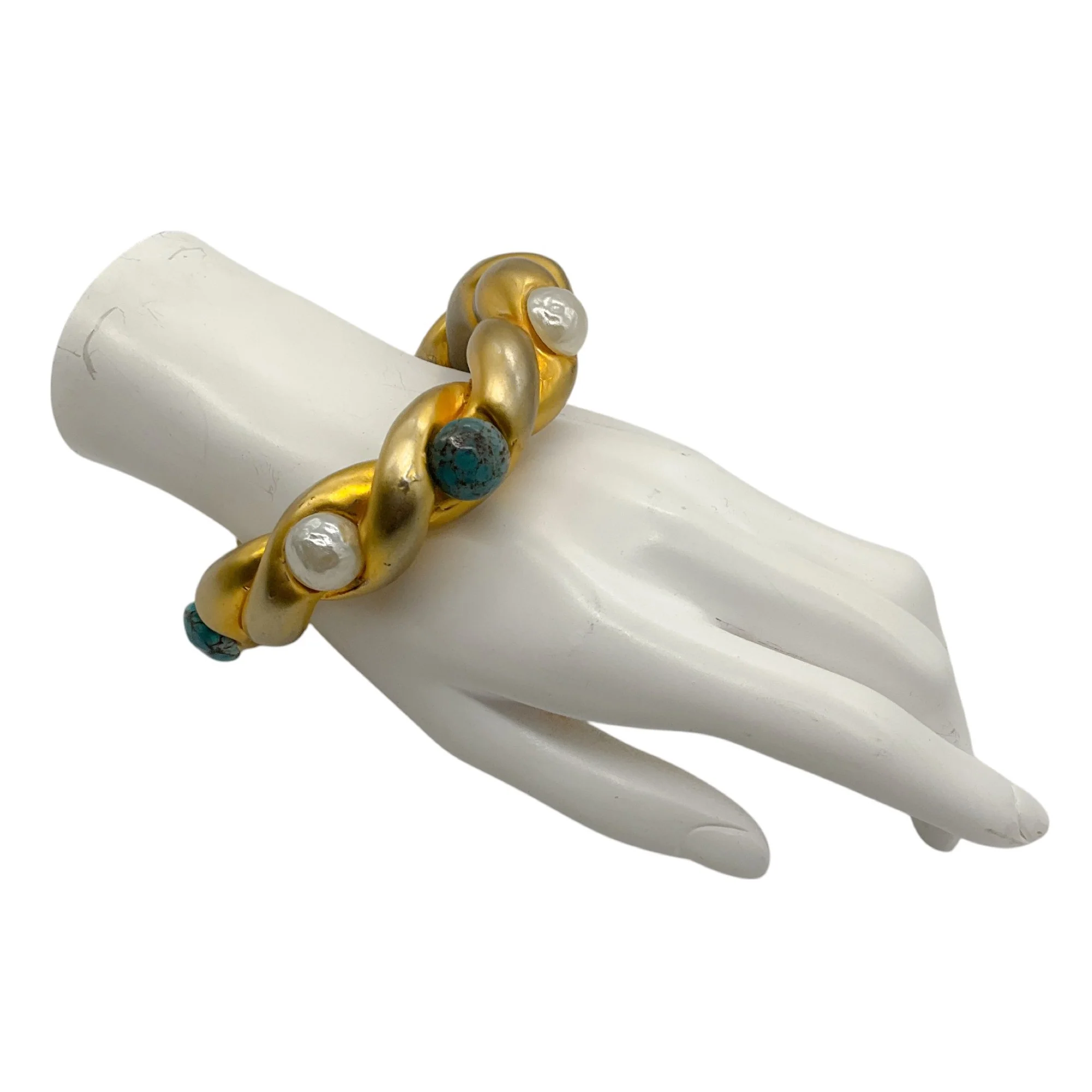 Chanel Vintage Pearl and Aqua Resin Embellished Gold Enamel Chunky Bangle Bracelet - Image 6