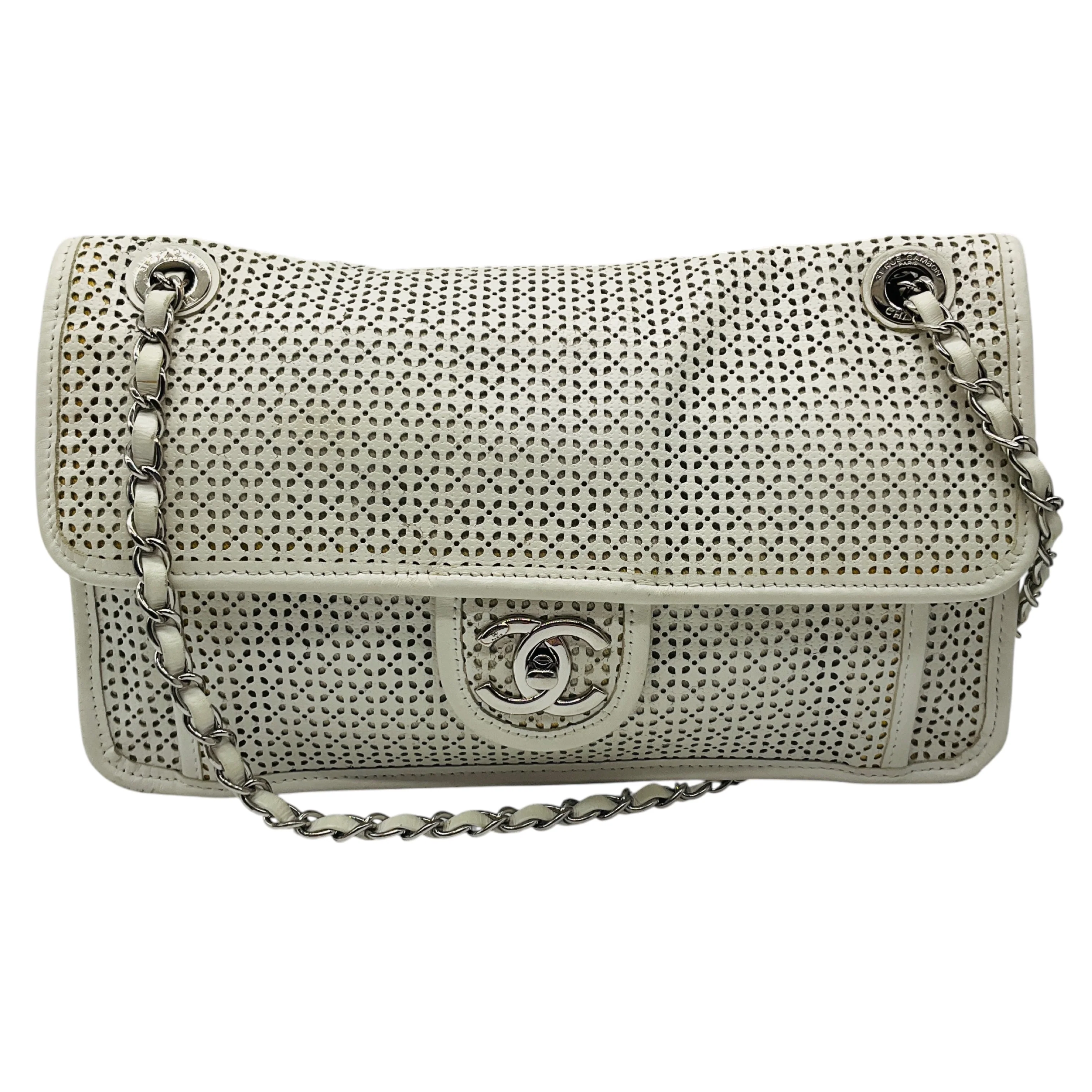 Chanel White Perforated Leather Up In The Air Flap Bag with Silver Hardware