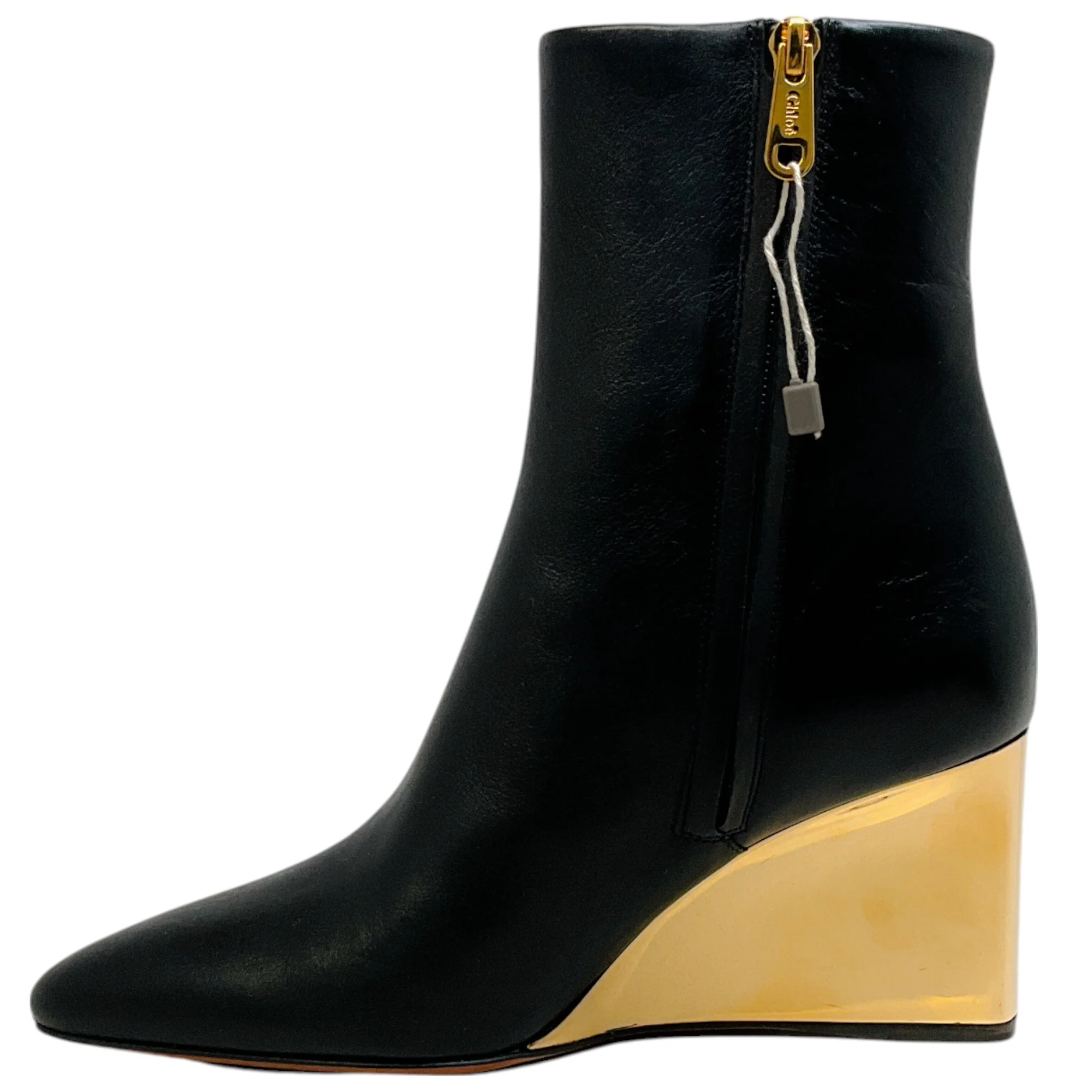 Chloe Black Leather Rebecca Boots with Gold Wedge Heel - Image 3