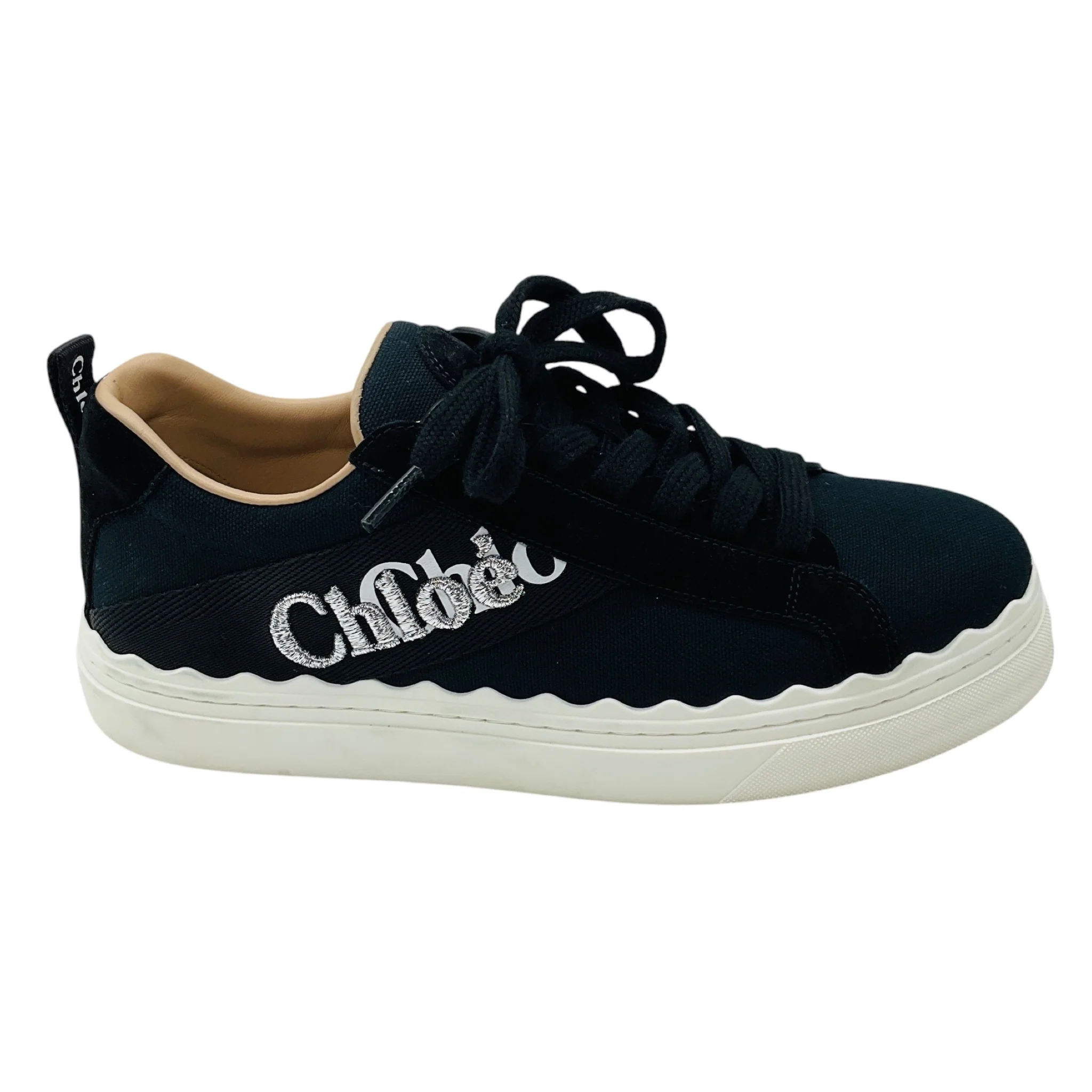 Chloe Black / Silver Metallic Logo Embroidered Suede Trimmed Canvas Low Top Lauren Sneakers - Image 2