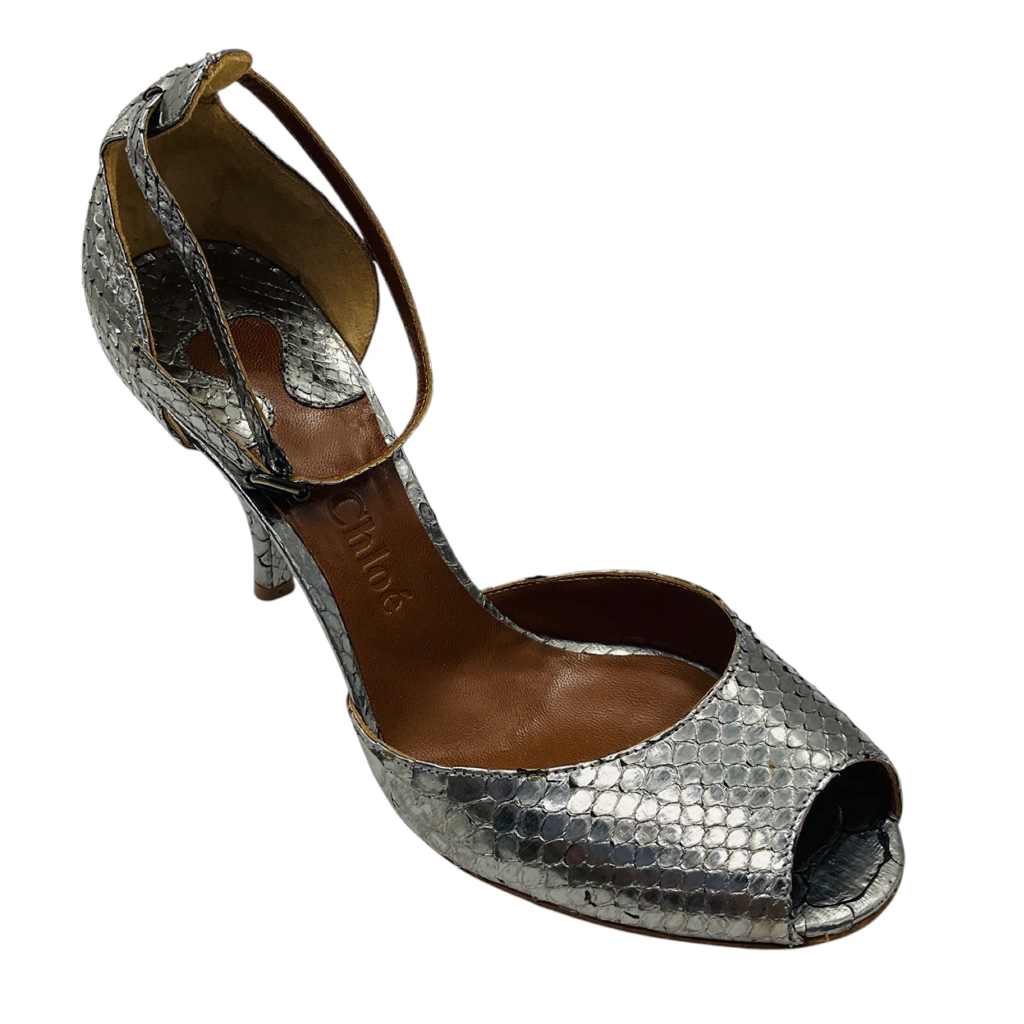 Chloe Silver Metallic Python Skin Leather Ankle Strap Sandals