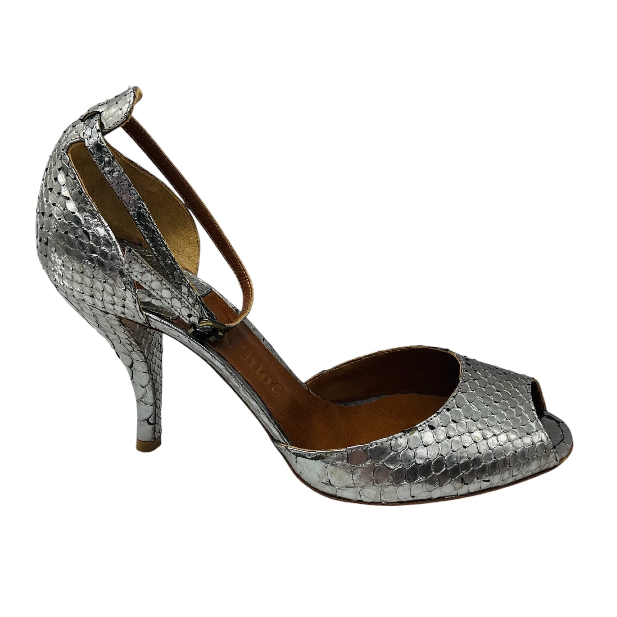 Chloe Silver Metallic Python Skin Leather Ankle Strap Sandals - Image 2