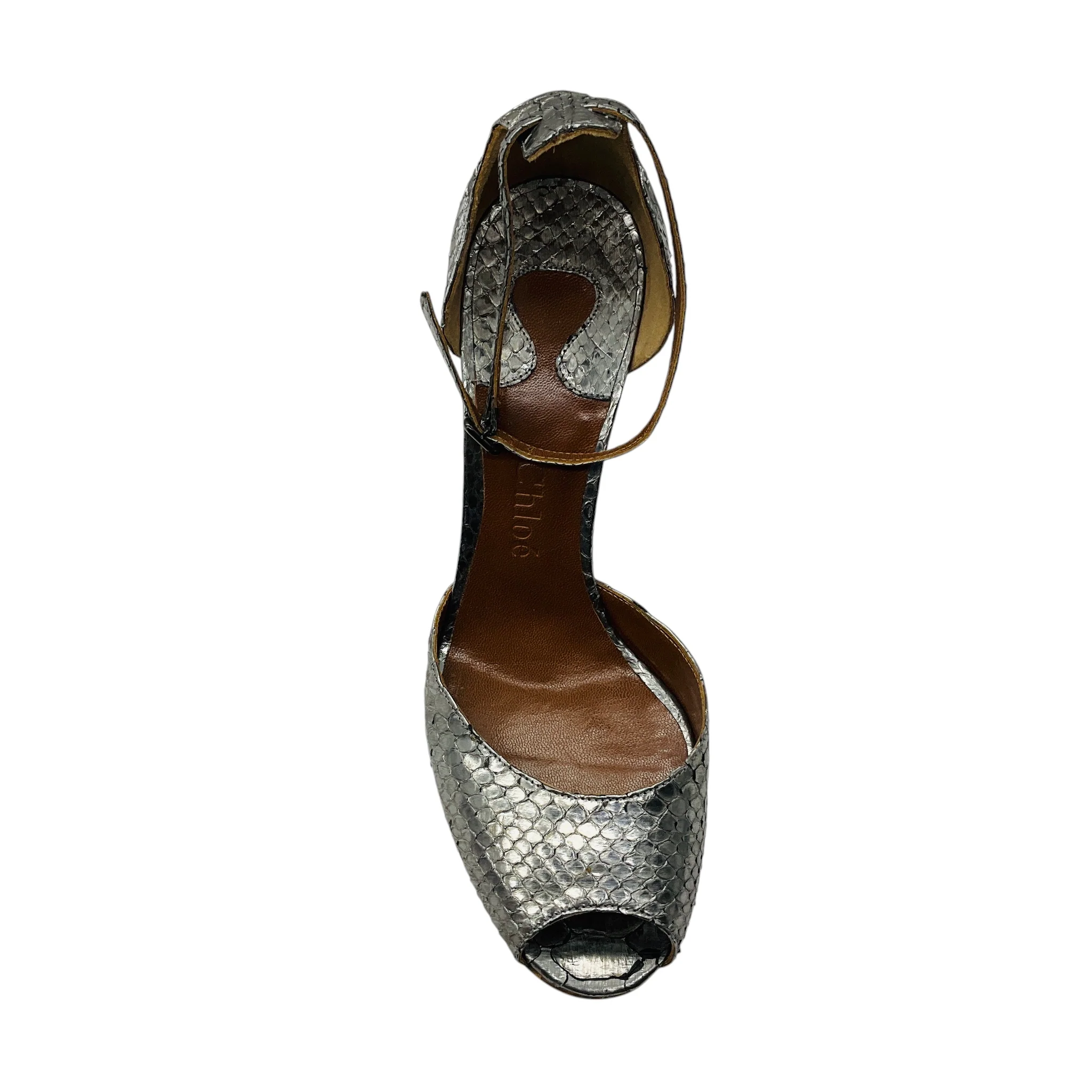 Chloe Silver Metallic Python Skin Leather Ankle Strap Sandals - Image 4