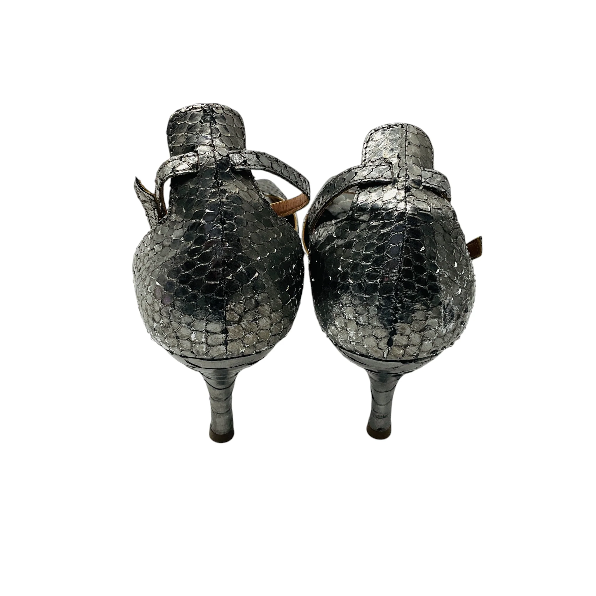 Chloe Silver Metallic Python Skin Leather Ankle Strap Sandals - Image 5