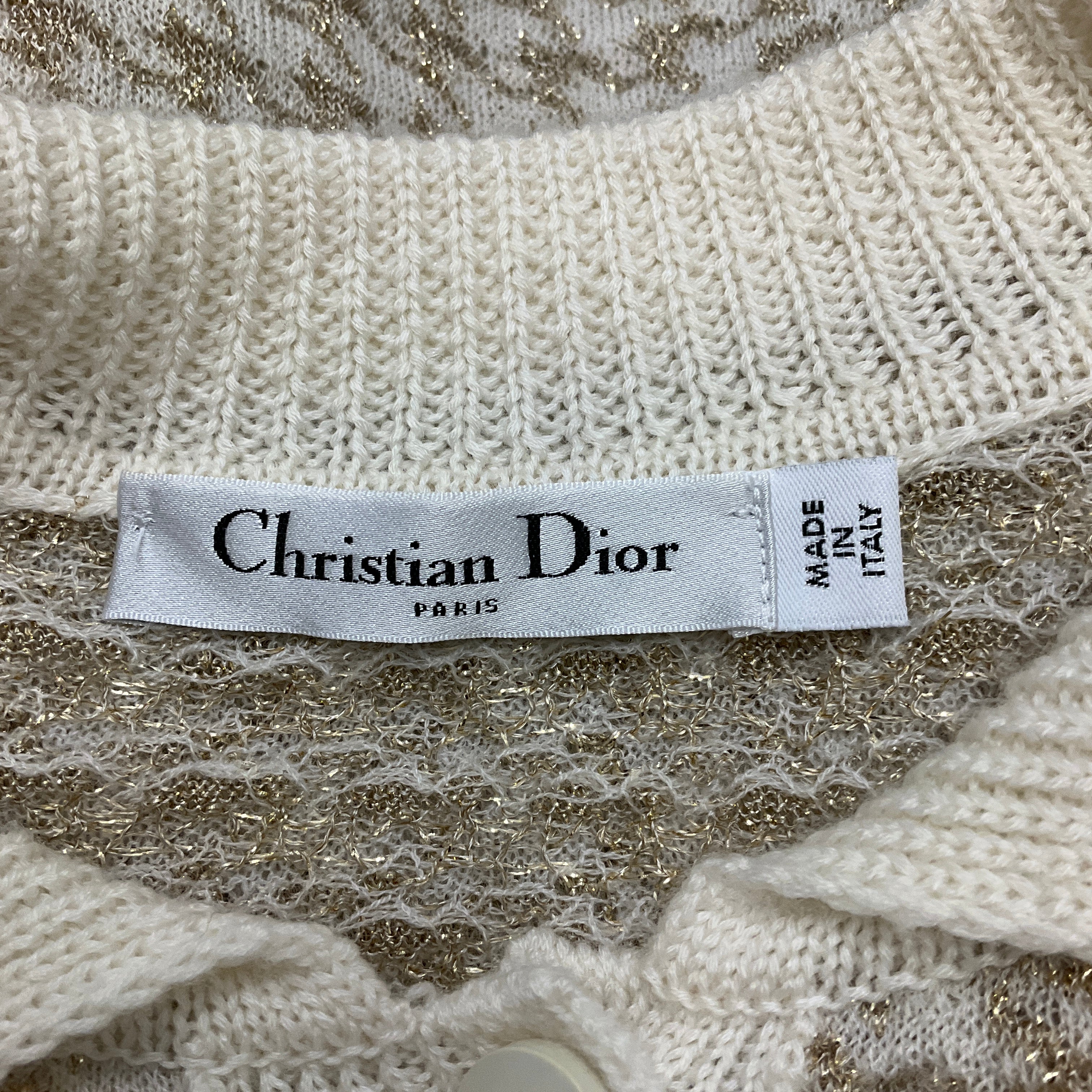 Christian Dior Cream / Gold Short Sleeved Cashmere Houndstooth Polo Sweater - Image 4